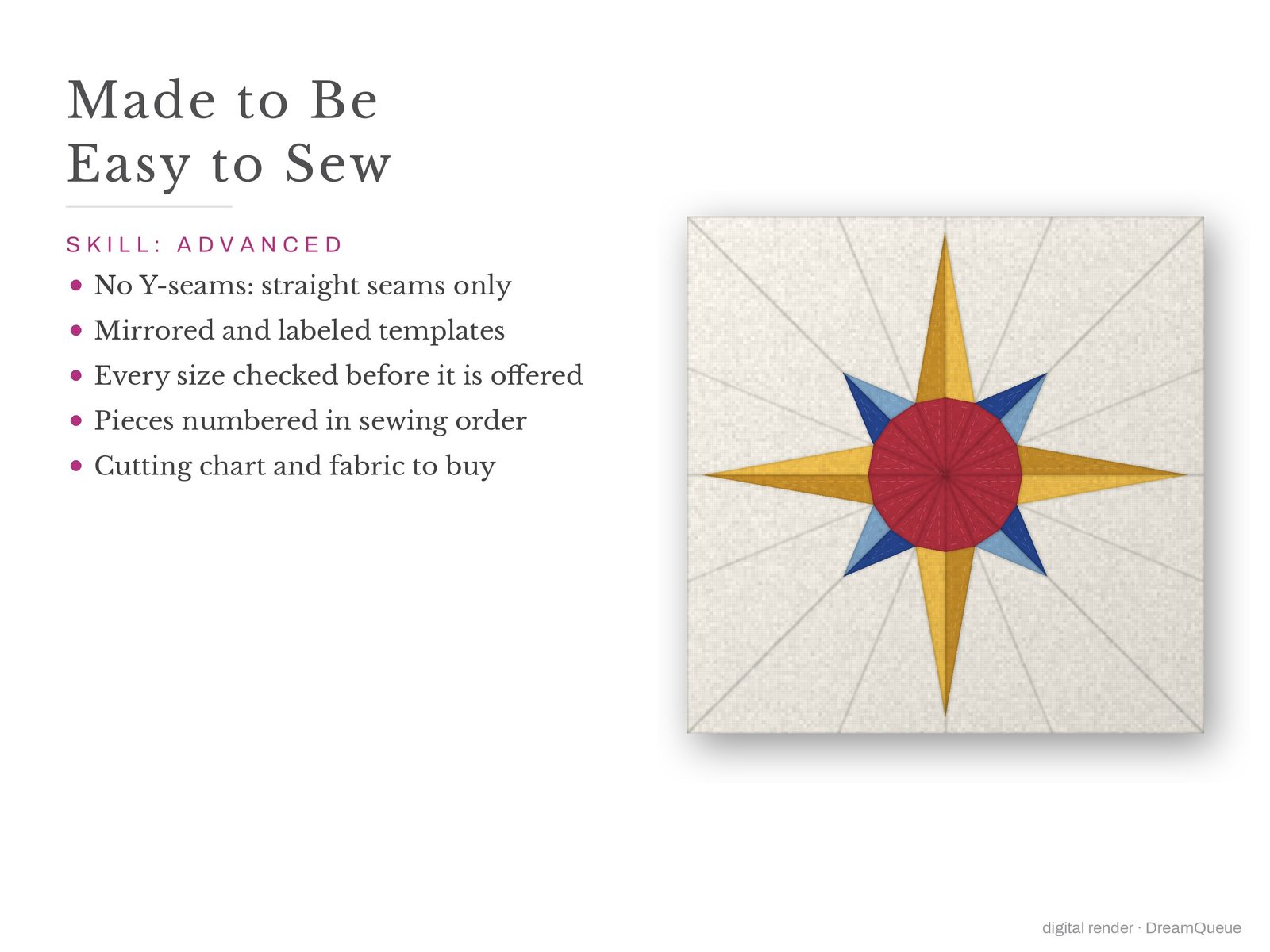 8-Point Mariner's Compass: Skill level advanced: no Y-seams, mirrored and labeled templates, every size checked, pieces numbered in sewing order, cutting chart and fabric to buy