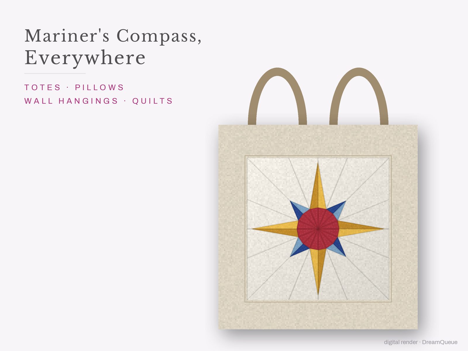 The 8-Point Mariner's Compass quilt block sewn into a tote bag, one idea for totes, pillows, wall hangings and quilts