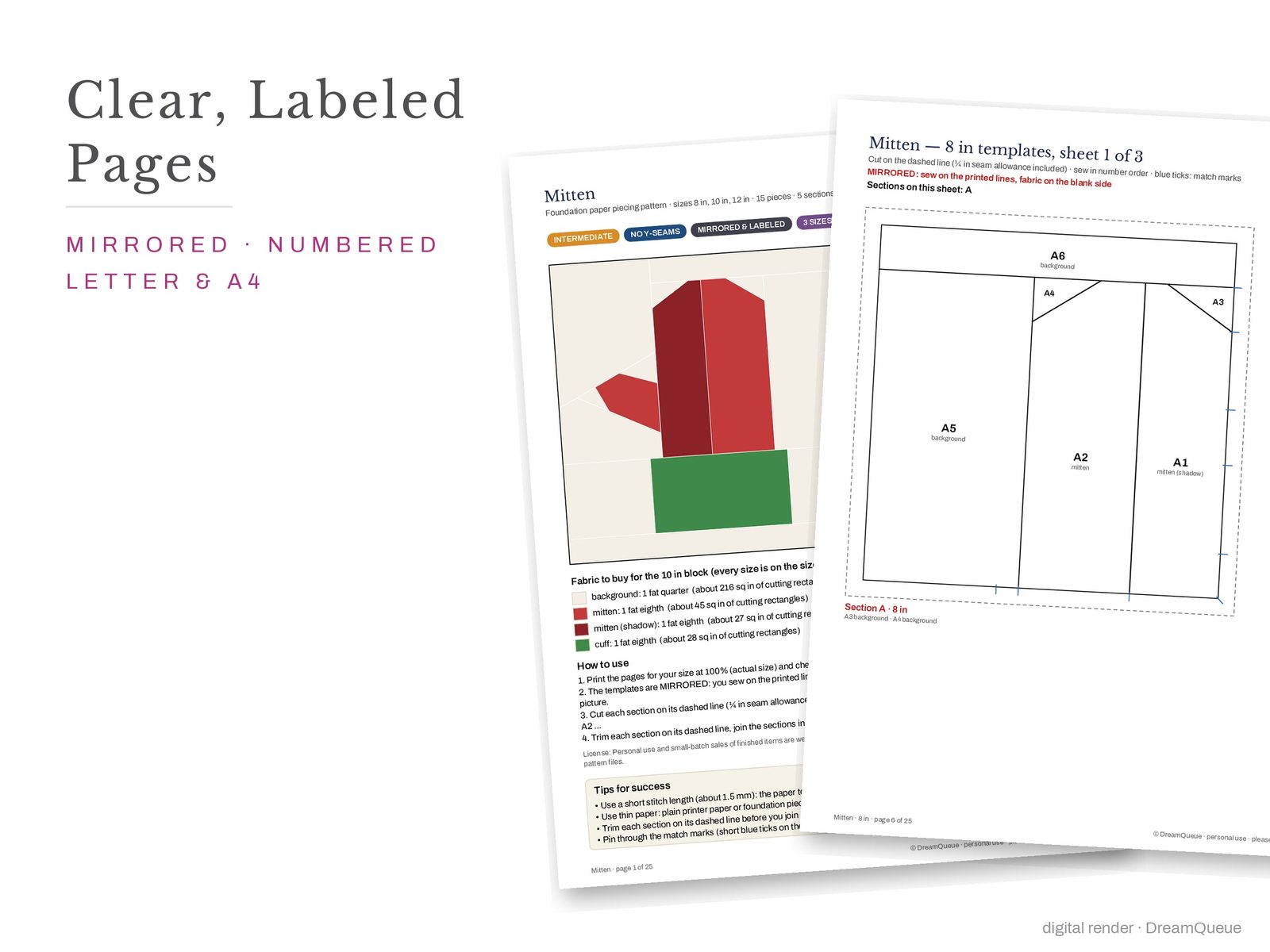 Cover page and a mirrored, numbered template sheet from the Mitten quilt block FPP pattern