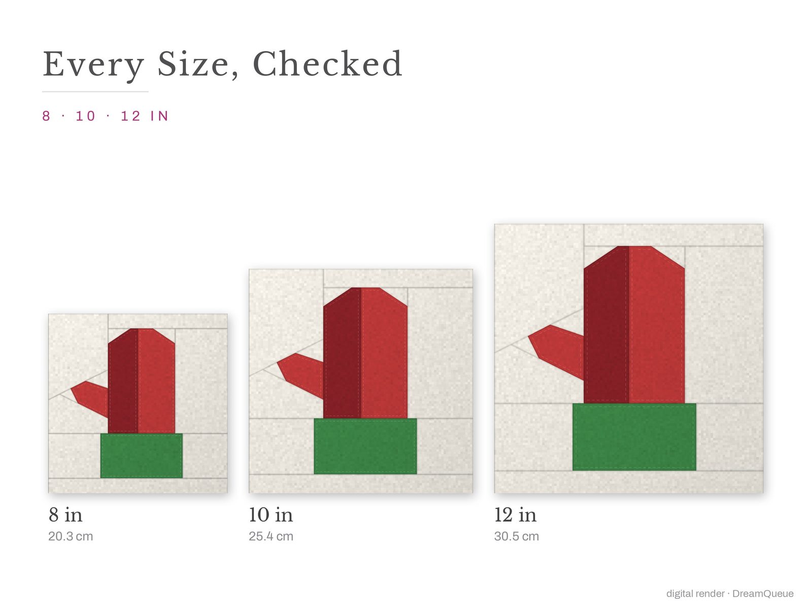 The Mitten quilt block at every finished size: 8, 10 and 12 inch