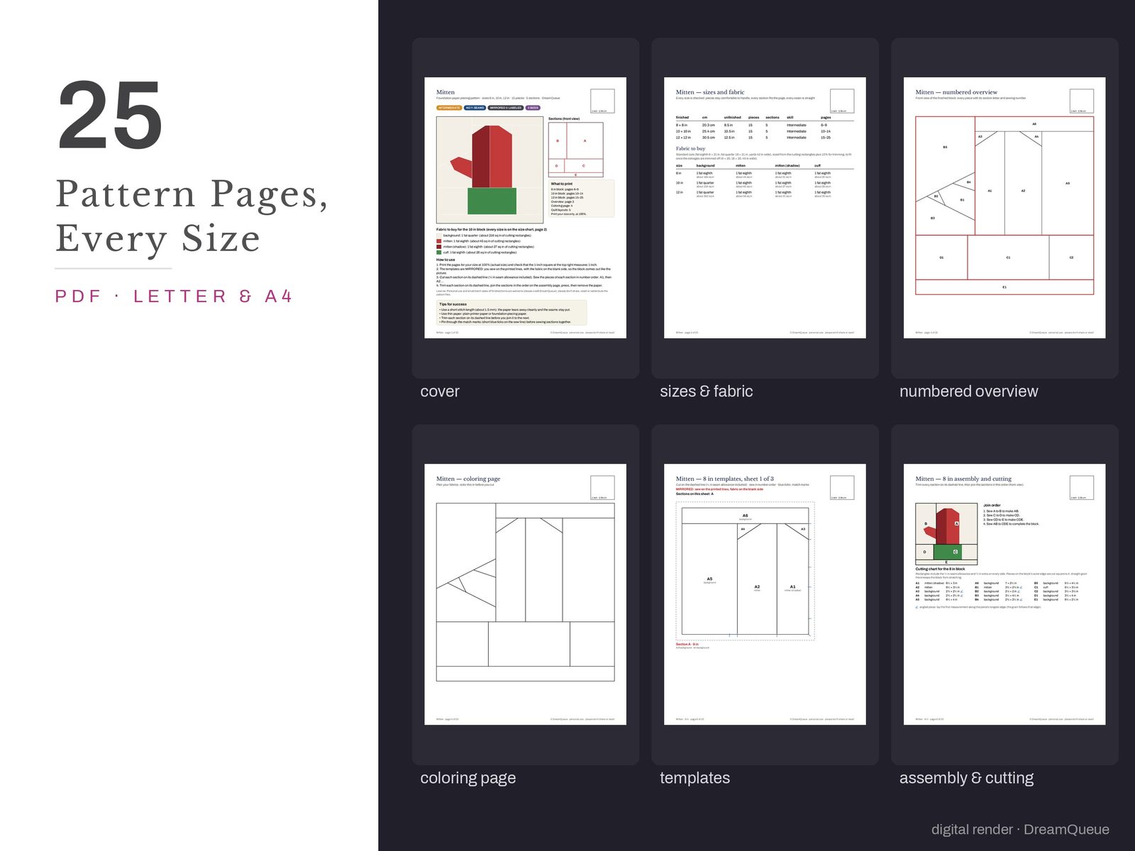 Thumbnails of the Mitten quilt block pattern pages: cover, size and fabric chart, numbered overview, coloring page, templates, assembly and cutting chart