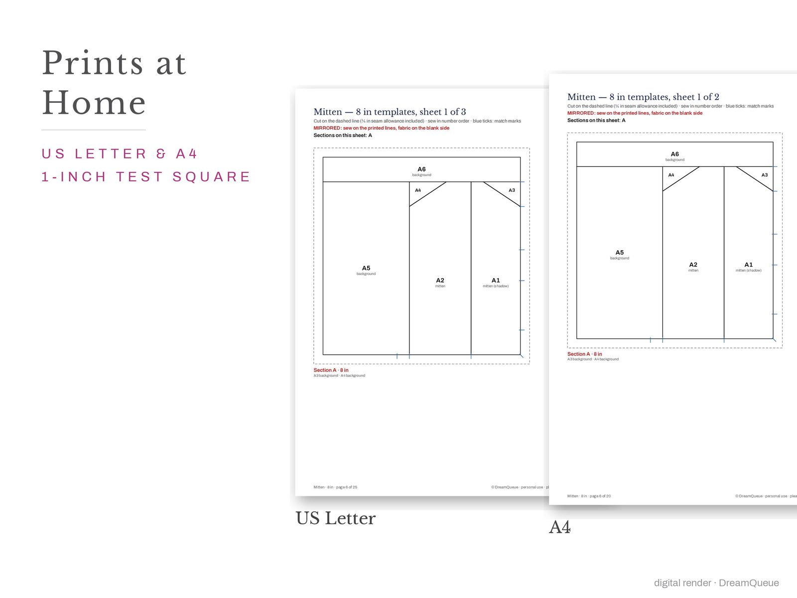 Mitten quilt block templates printed on US Letter and A4 paper with a 1-inch test square to check the print scale