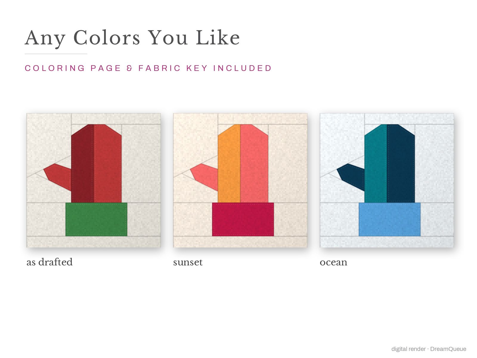 The Mitten quilt block in three colorways, as drafted, pastel and jewel tones; a coloring page and fabric key are included