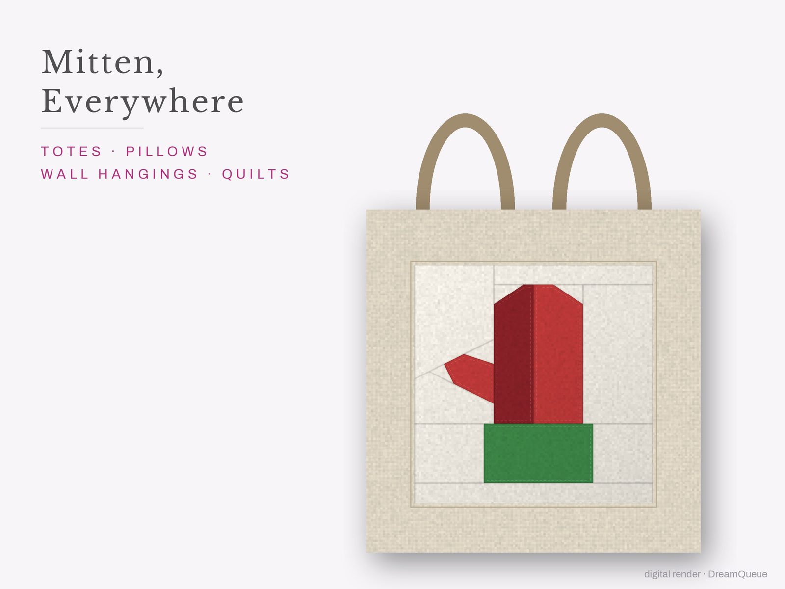 The Mitten quilt block sewn into a tote bag, one idea for totes, pillows, wall hangings and quilts
