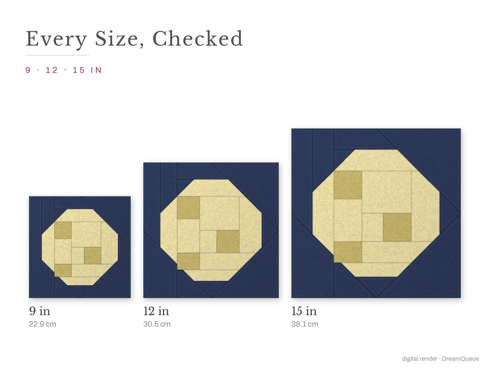 The Full Moon quilt block at every finished size: 9, 12 and 15 inch