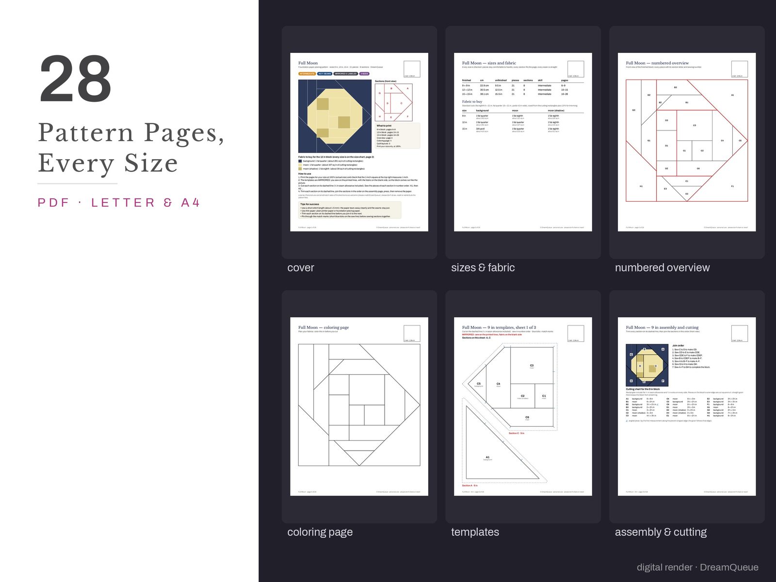 Thumbnails of the Full Moon quilt block pattern pages: cover, size and fabric chart, numbered overview, coloring page, templates, assembly and cutting chart