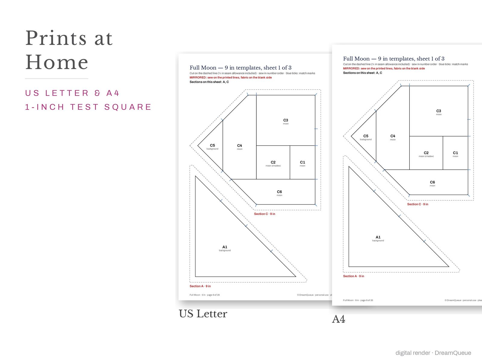 Full moon quilt block templates printed on US Letter and A4 paper with a 1-inch test square to check the print scale