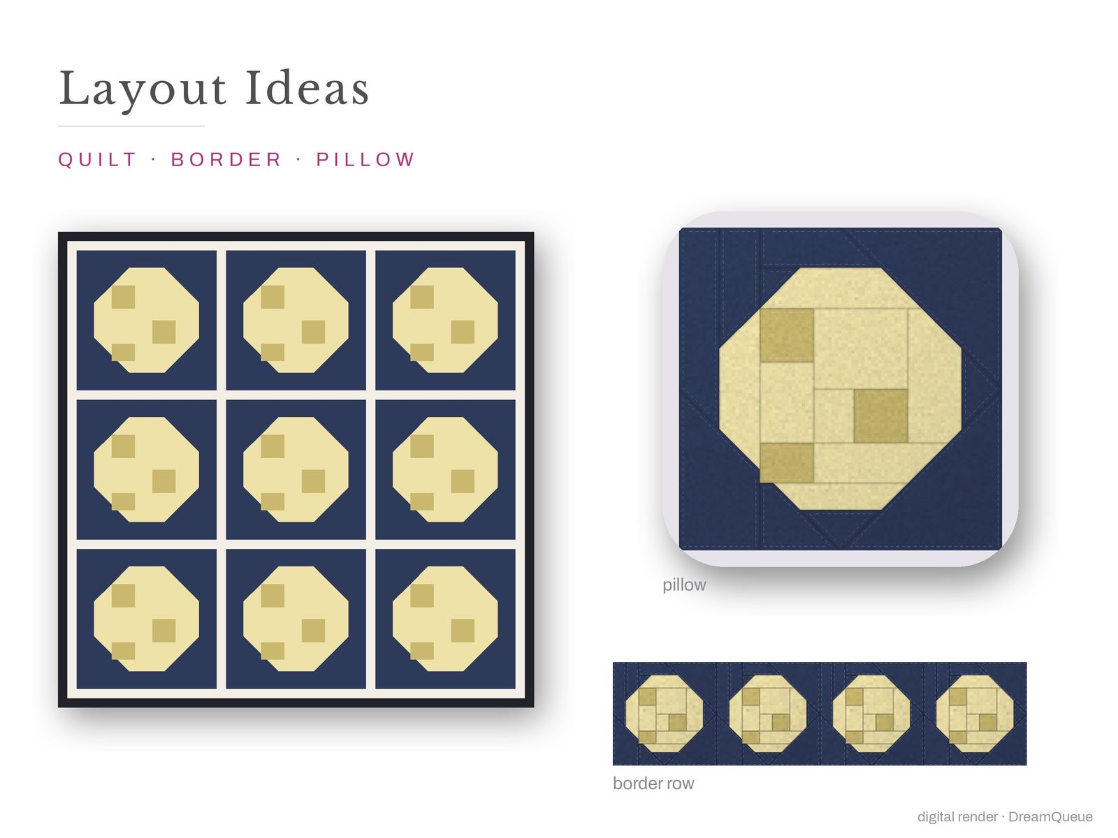 Layout ideas for the Full Moon quilt block: a full quilt, a border row and a pillow
