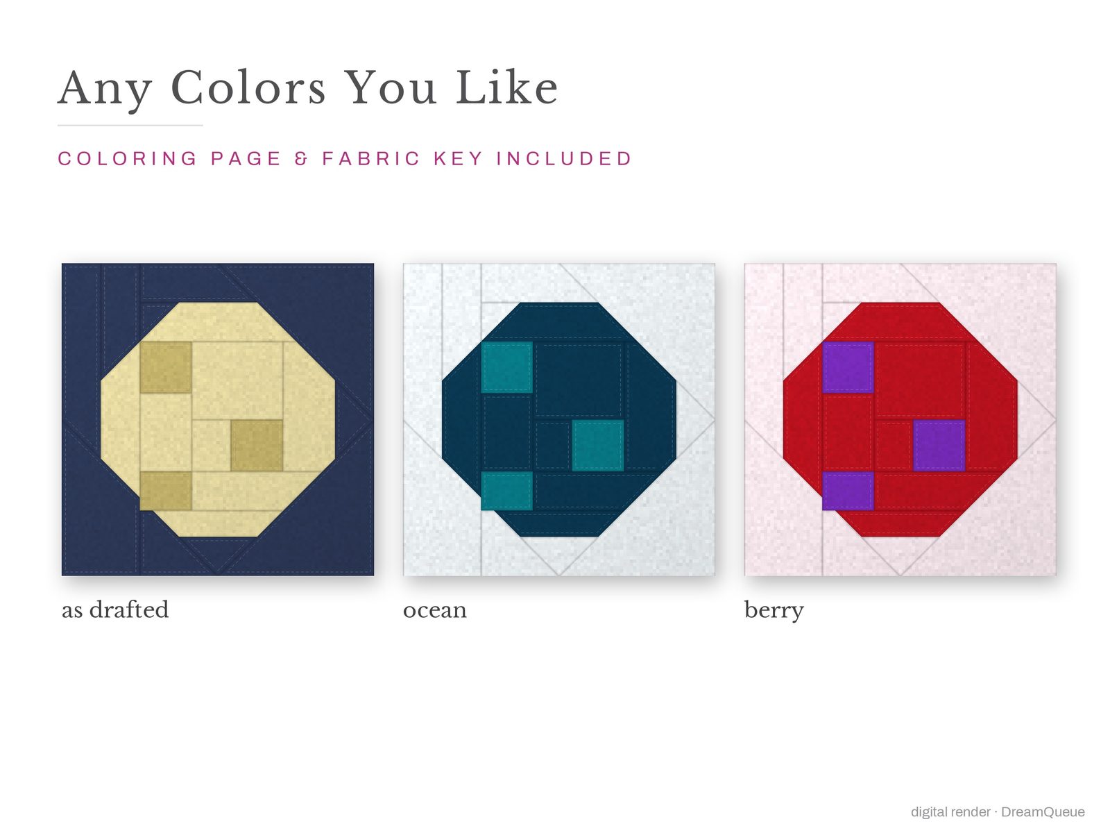 The Full Moon quilt block in three colorways, as drafted, pastel and jewel tones; a coloring page and fabric key are included