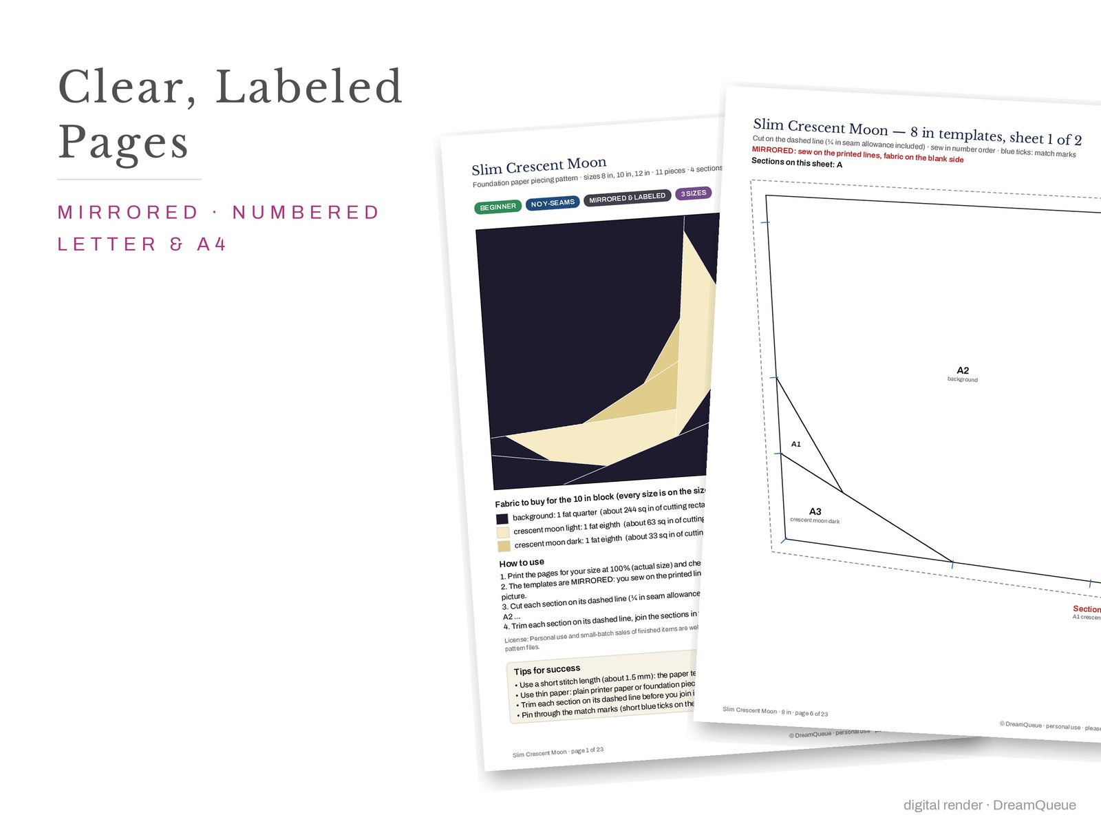 Cover page and a mirrored, numbered template sheet from the Slim Crescent Moon quilt block FPP pattern