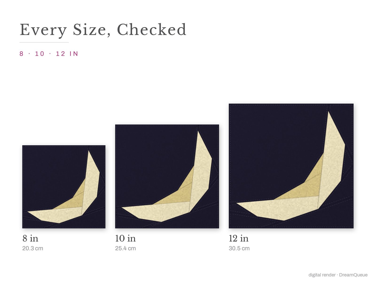 The Slim Crescent Moon quilt block at every finished size: 8, 10 and 12 inch