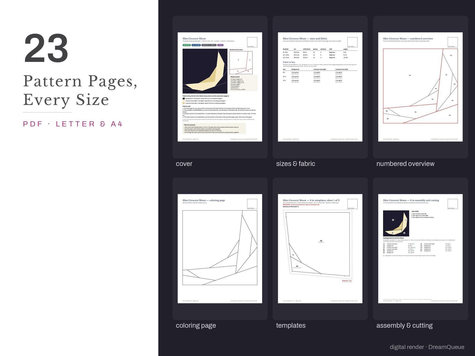 Thumbnails of the Slim Crescent Moon quilt block pattern pages: cover, size and fabric chart, numbered overview, coloring page, templates, assembly and cutting chart