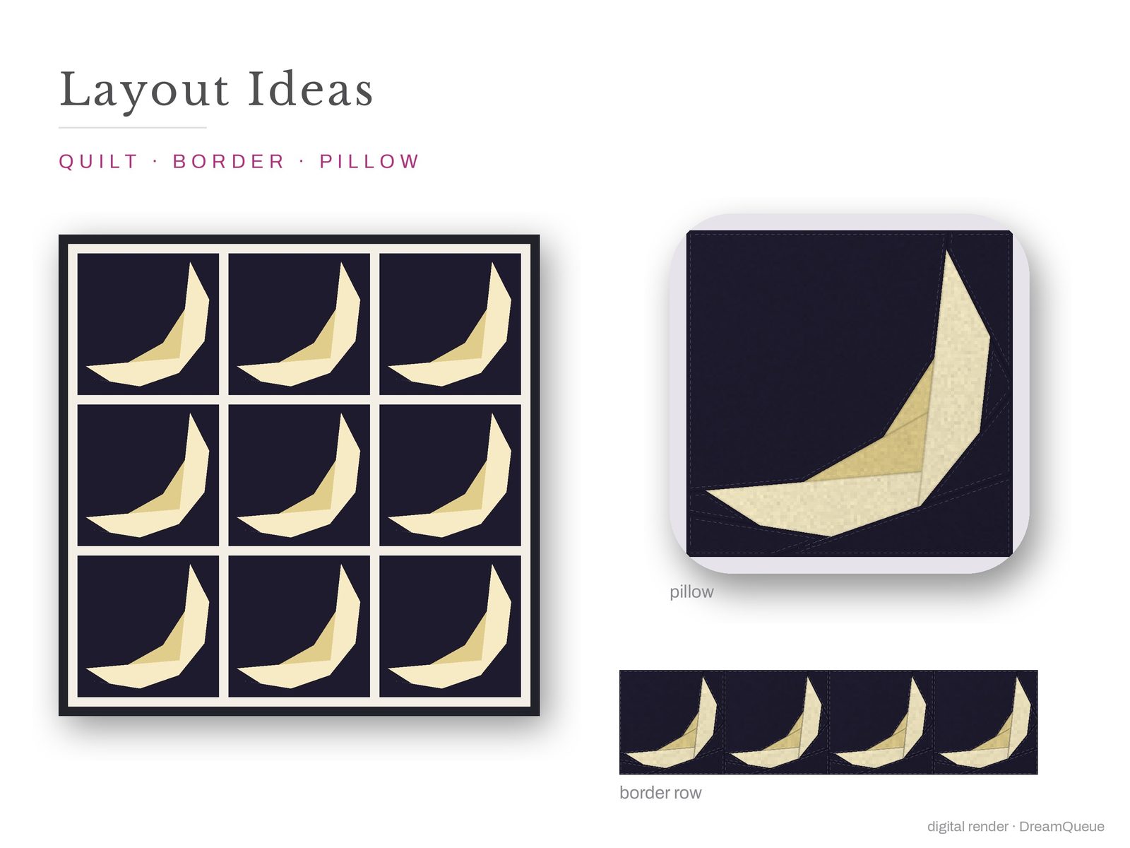 Layout ideas for the Slim Crescent Moon quilt block: a full quilt, a border row and a pillow