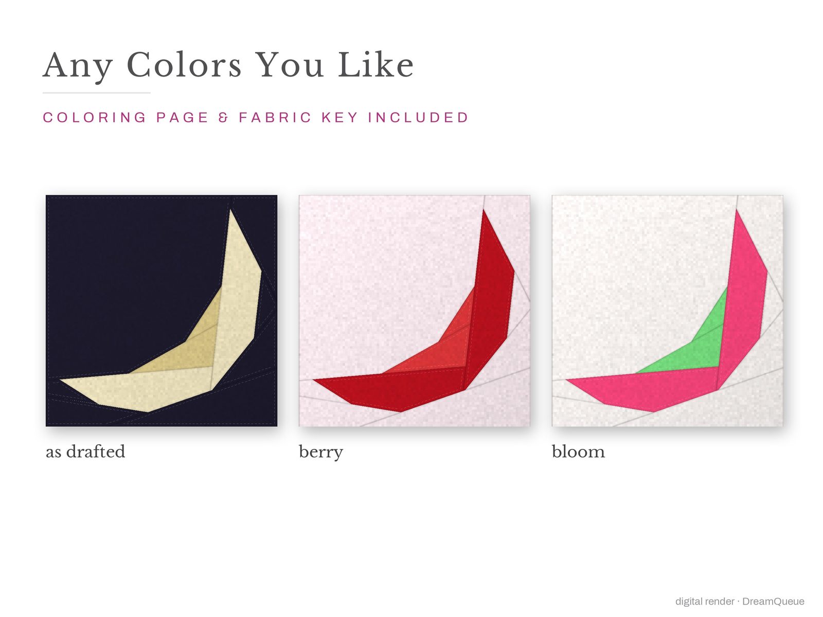 The Slim Crescent Moon quilt block in three colorways, as drafted, pastel and jewel tones; a coloring page and fabric key are included