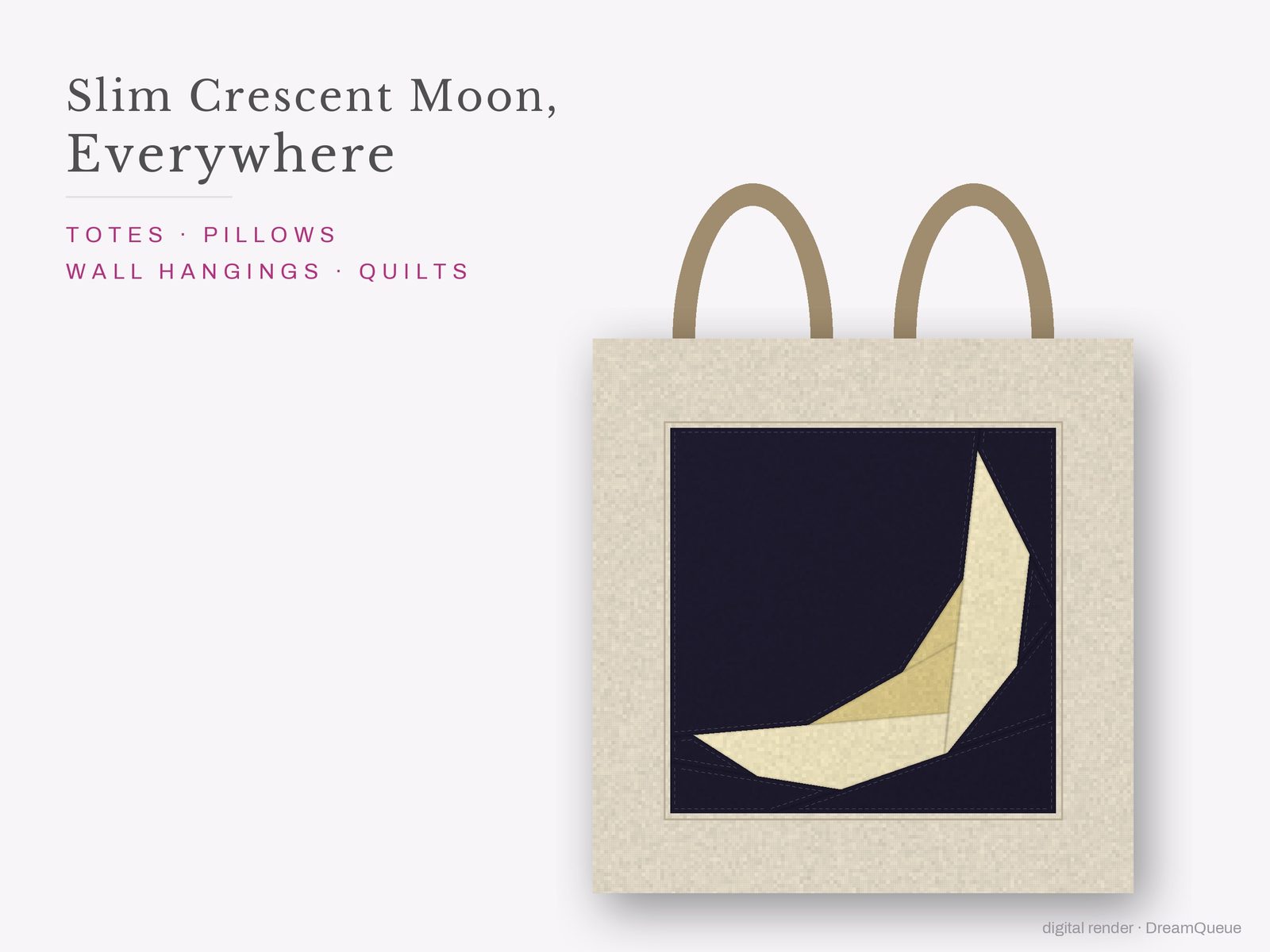 The Slim Crescent Moon quilt block sewn into a tote bag, one idea for totes, pillows, wall hangings and quilts