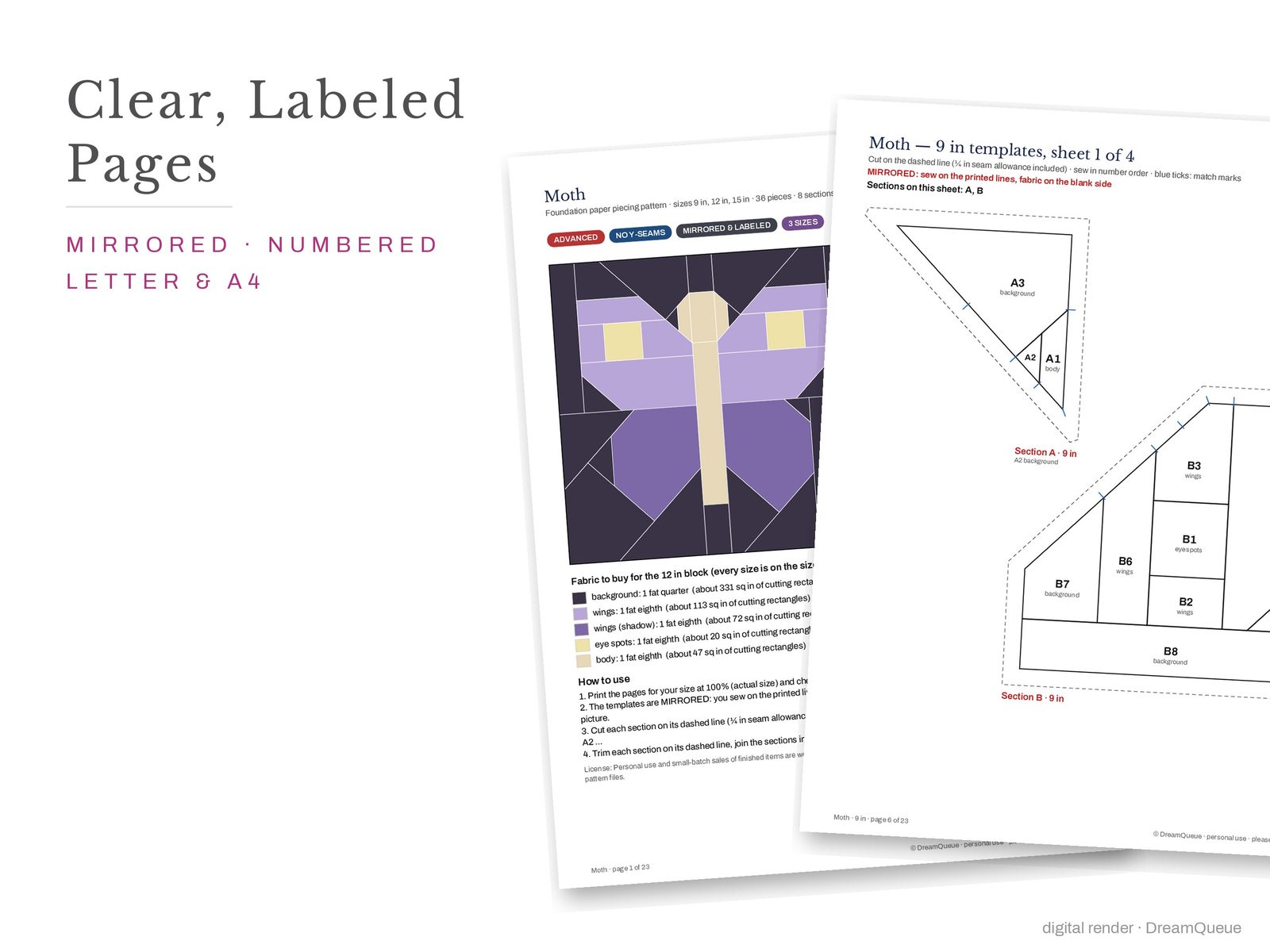 Cover page and a mirrored, numbered template sheet from the Moth quilt block FPP pattern