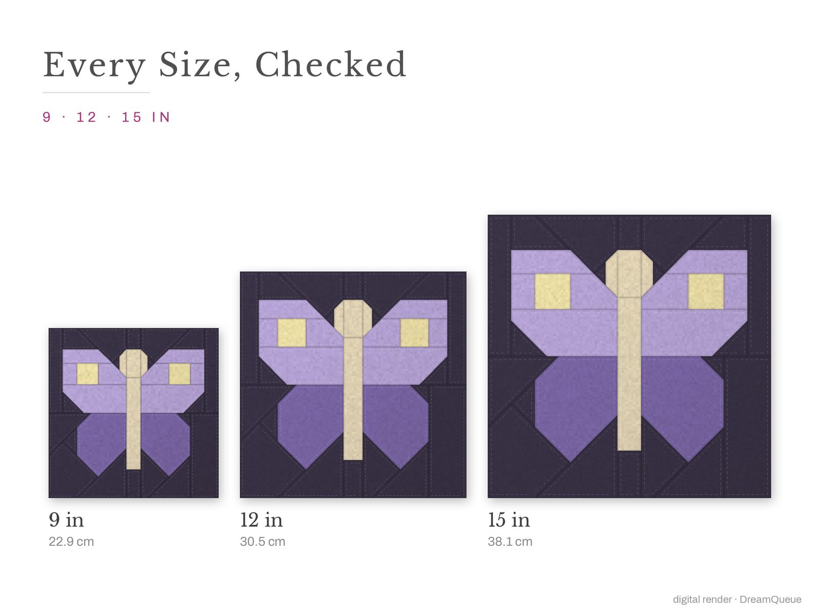 The Moth quilt block at every finished size: 9, 12 and 15 inch