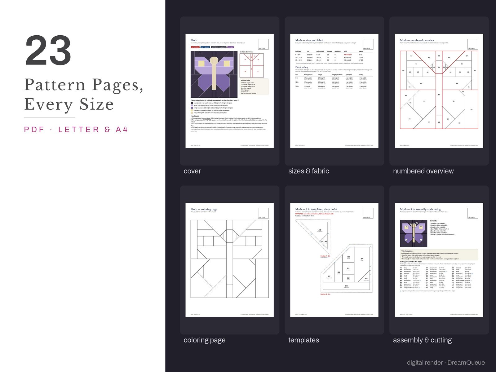Thumbnails of the Moth quilt block pattern pages: cover, size and fabric chart, numbered overview, coloring page, templates, assembly and cutting chart