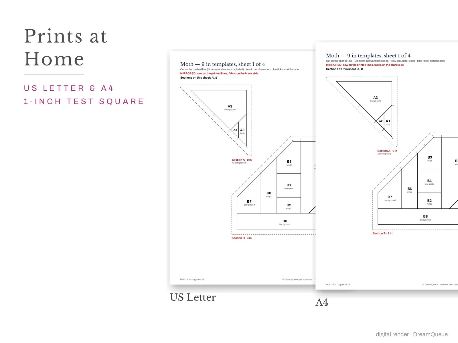 Moth quilt block templates printed on US Letter and A4 paper with a 1-inch test square to check the print scale