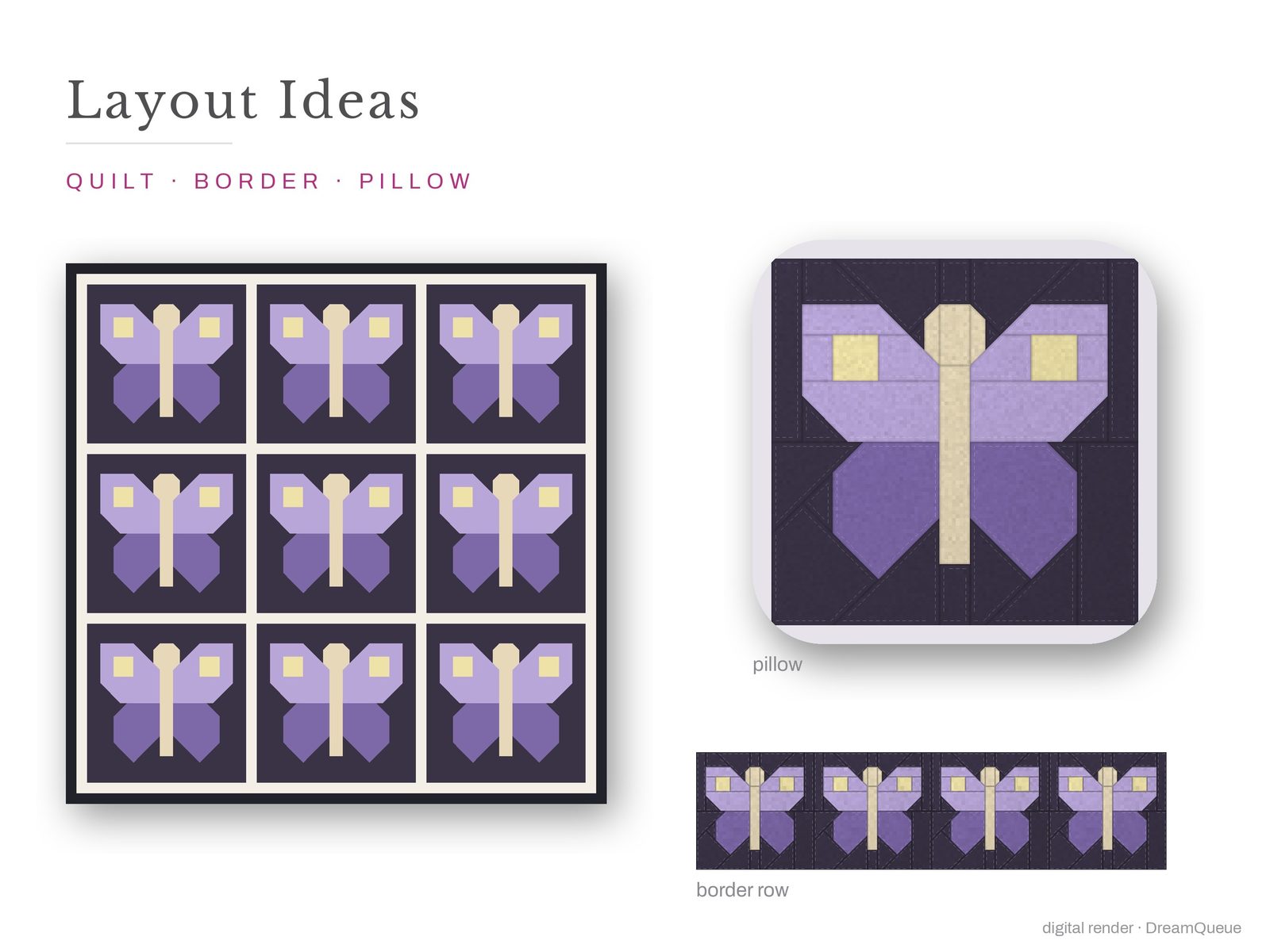 Layout ideas for the Moth quilt block: a full quilt, a border row and a pillow