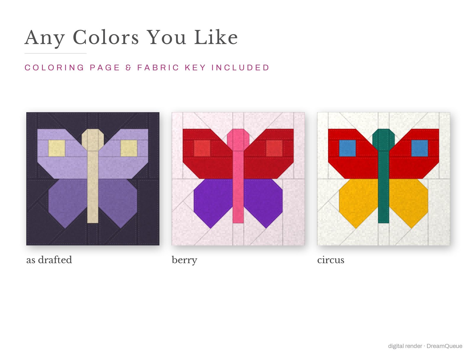 The Moth quilt block in three colorways, as drafted, pastel and jewel tones; a coloring page and fabric key are included