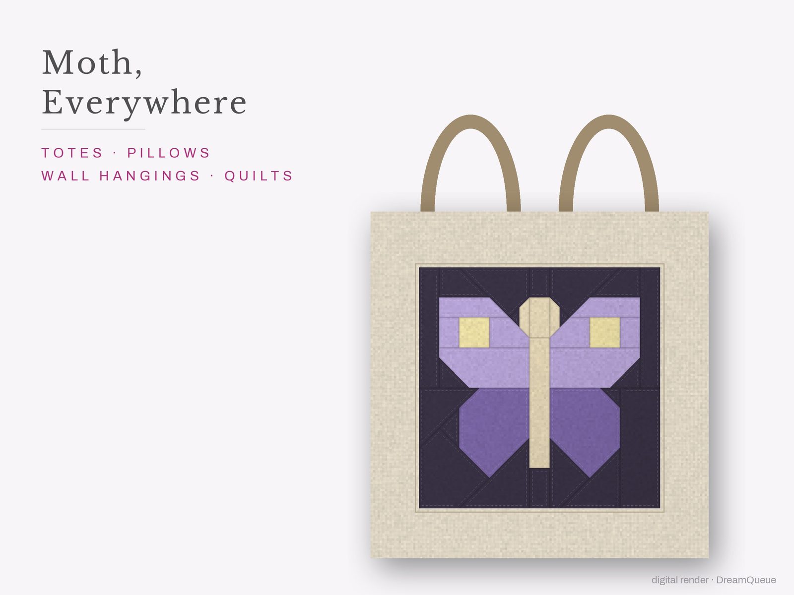 The Moth quilt block sewn into a tote bag, one idea for totes, pillows, wall hangings and quilts