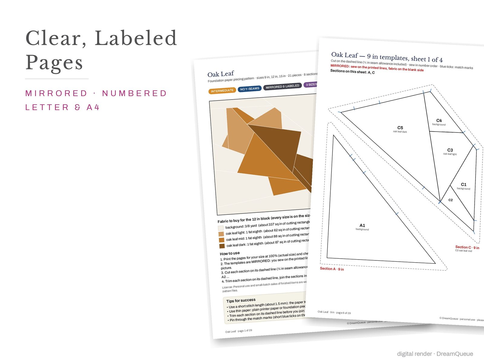 Cover page and a mirrored, numbered template sheet from the Oak Leaf quilt block FPP pattern