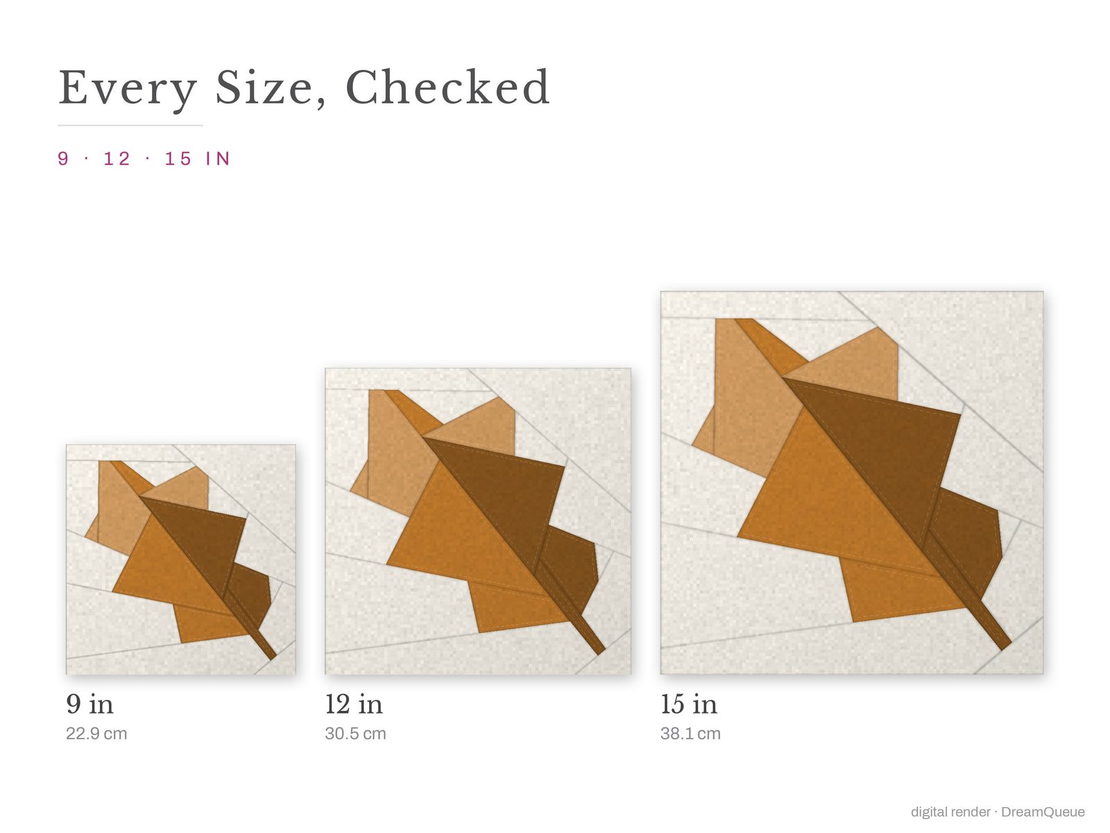 The Oak Leaf quilt block at every finished size: 9, 12 and 15 inch