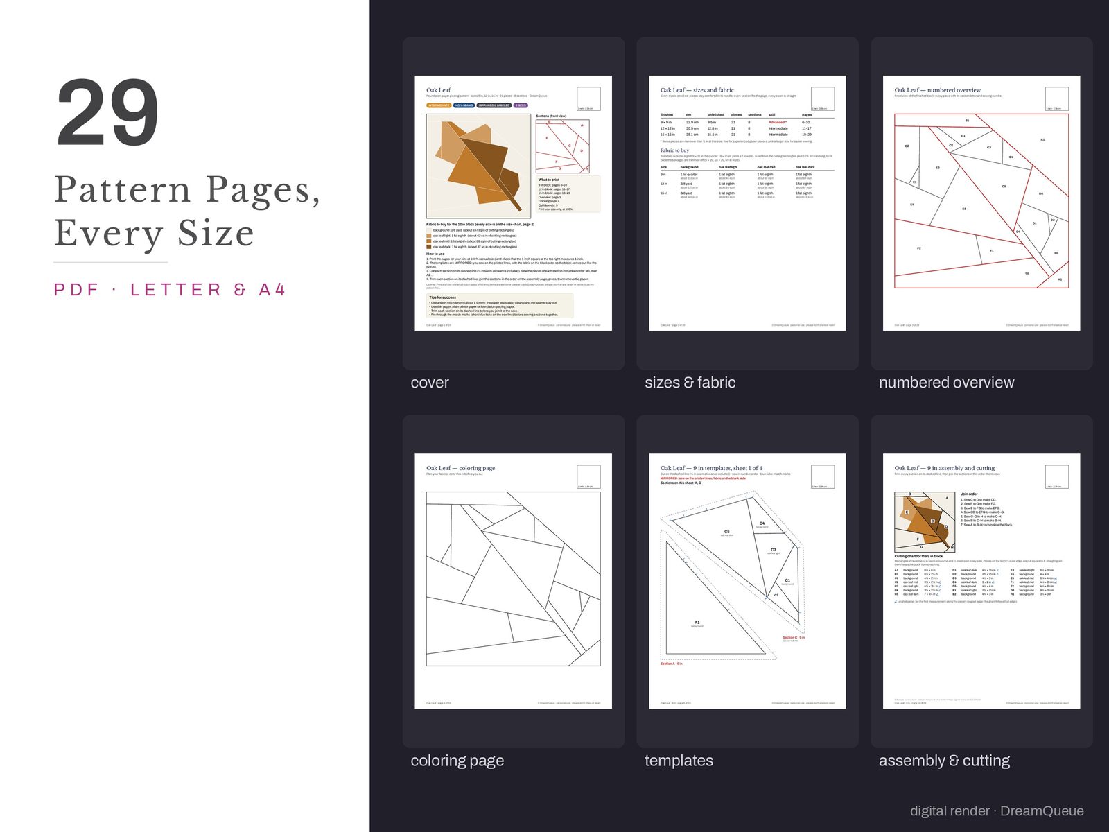 Thumbnails of the Oak Leaf quilt block pattern pages: cover, size and fabric chart, numbered overview, coloring page, templates, assembly and cutting chart
