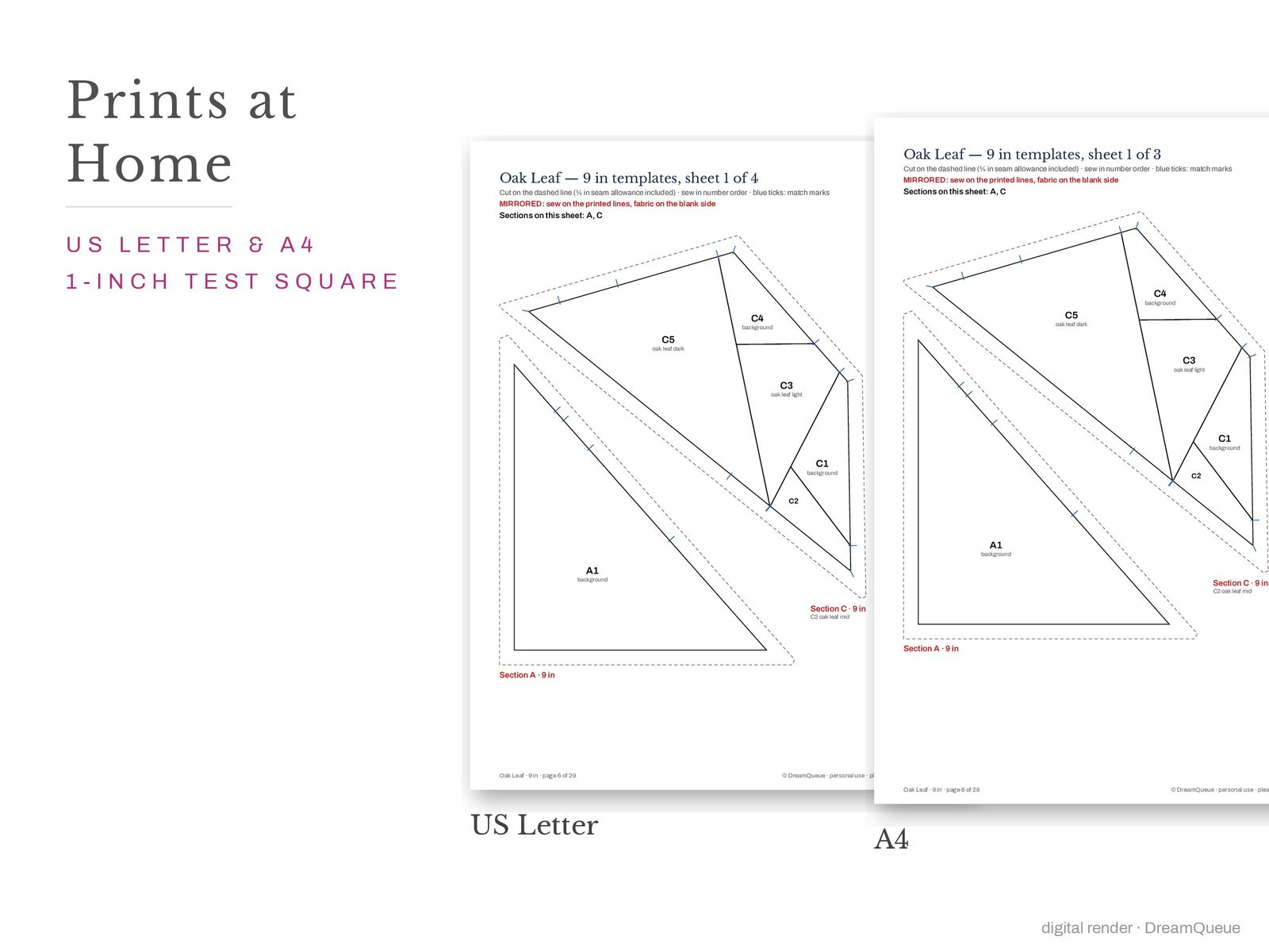 Oak leaf quilt block templates printed on US Letter and A4 paper with a 1-inch test square to check the print scale
