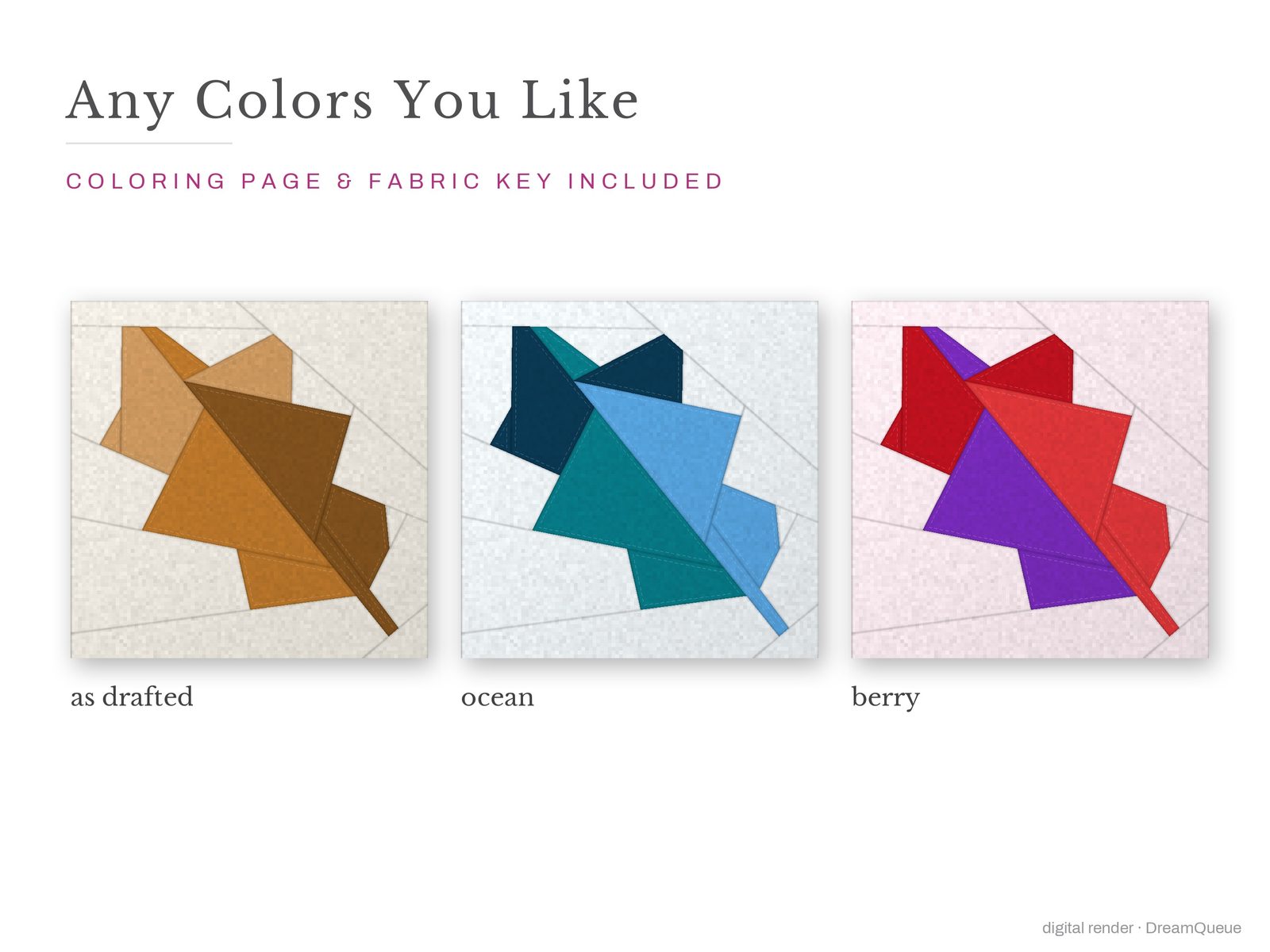 The Oak Leaf quilt block in three colorways, as drafted, pastel and jewel tones; a coloring page and fabric key are included