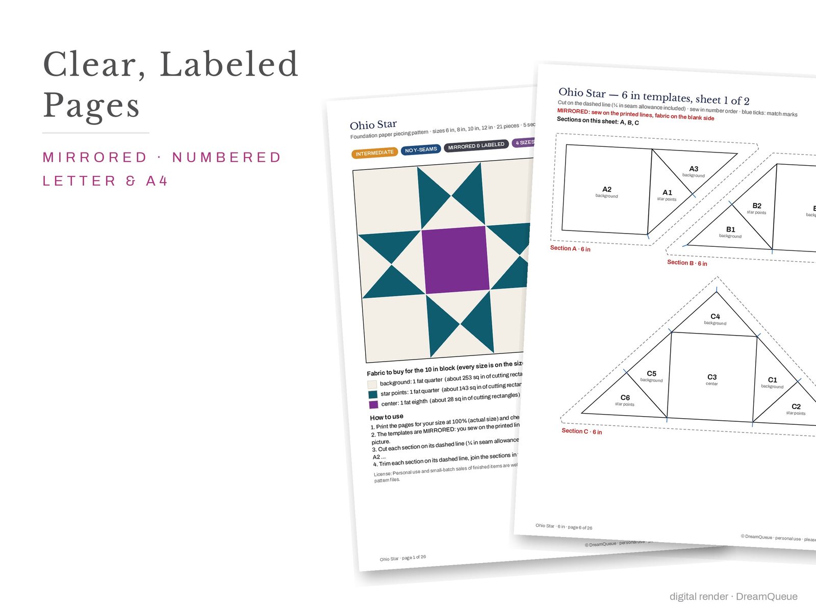 Cover page and a mirrored, numbered template sheet from the Ohio Star quilt block FPP pattern