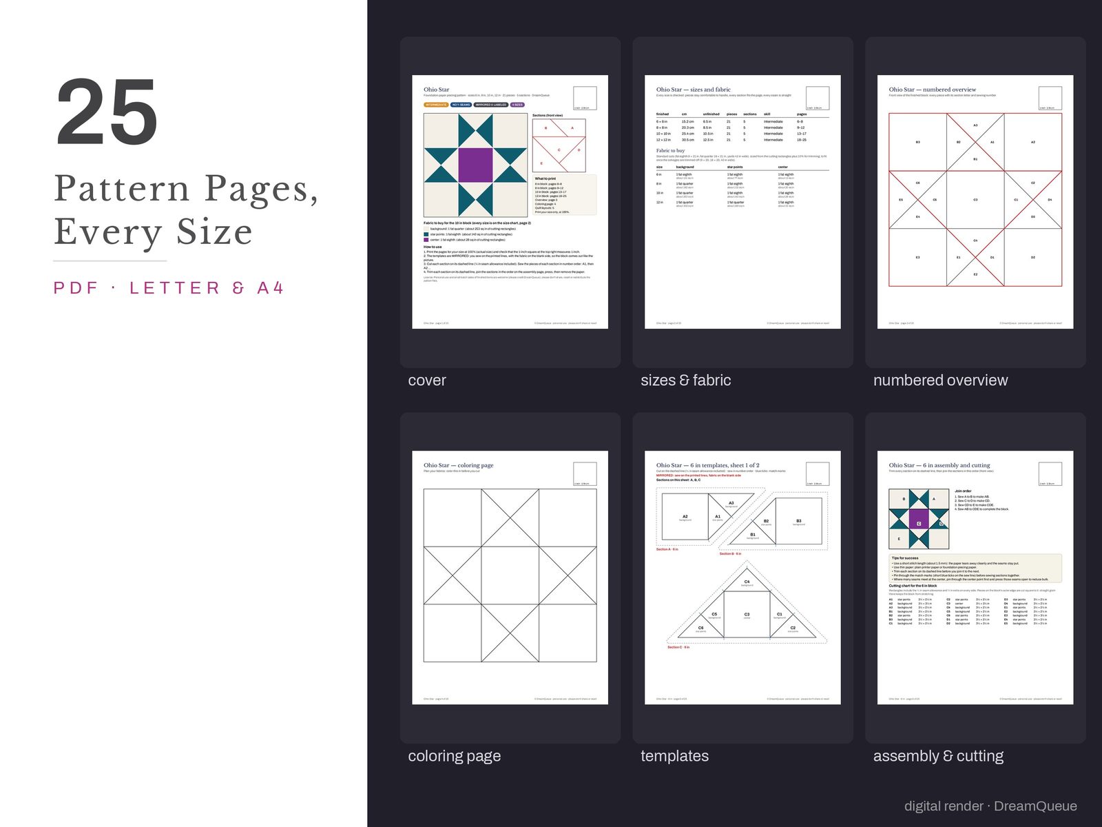 Thumbnails of the Ohio Star quilt block pattern pages: cover, size and fabric chart, numbered overview, coloring page, templates, assembly and cutting chart