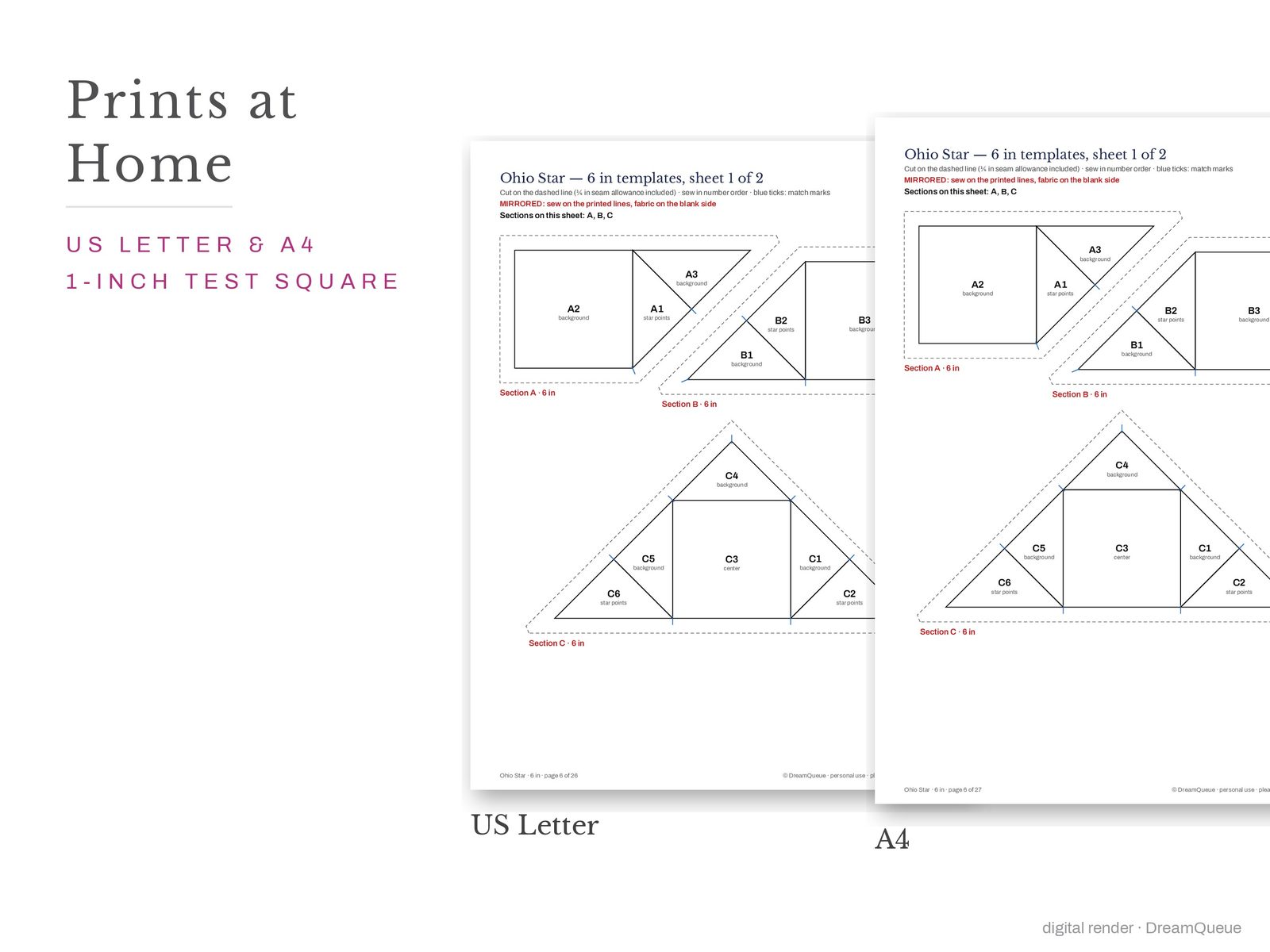 Ohio star quilt block templates printed on US Letter and A4 paper with a 1-inch test square to check the print scale