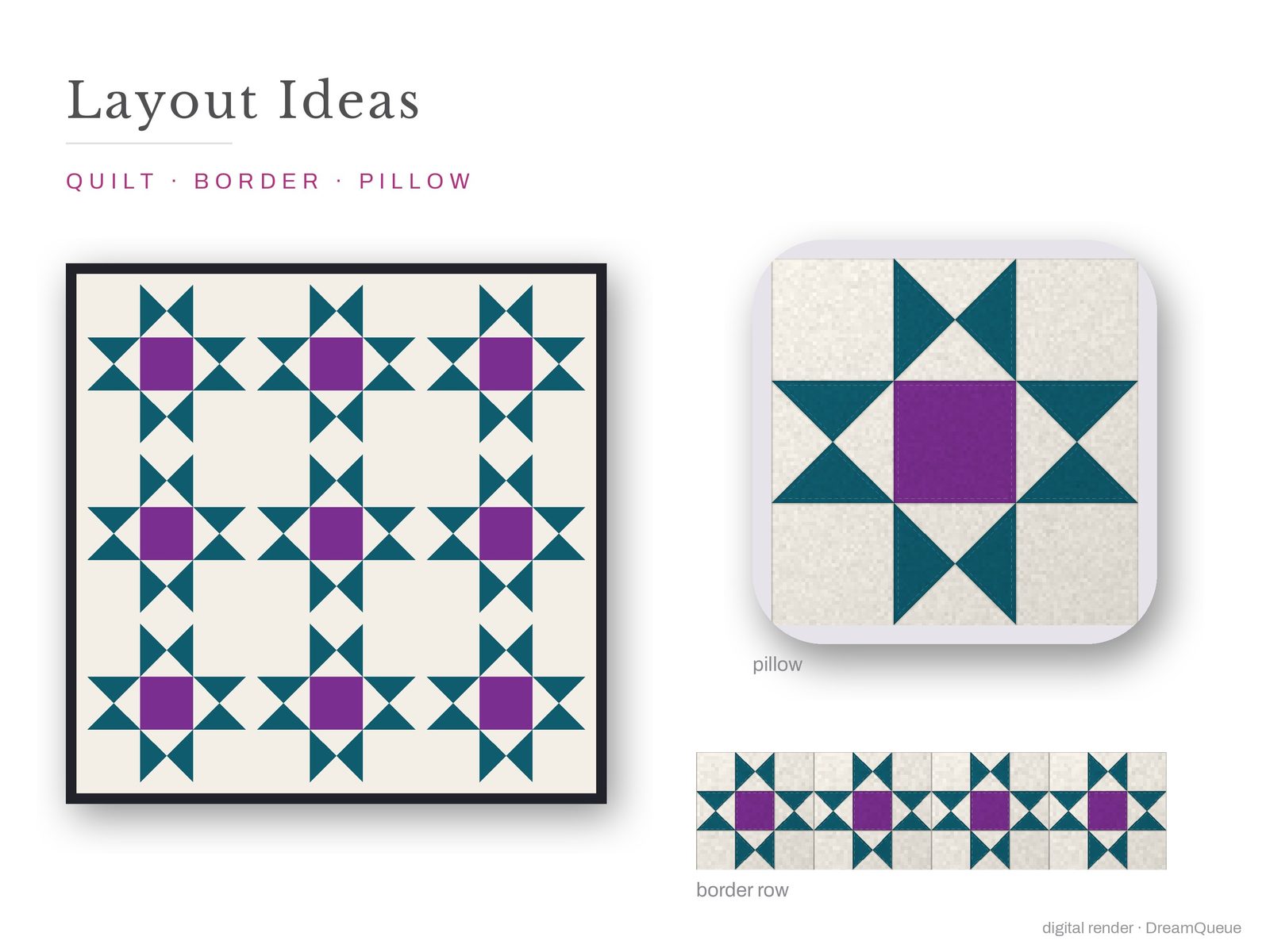 Layout ideas for the Ohio Star quilt block: a full quilt, a border row and a pillow