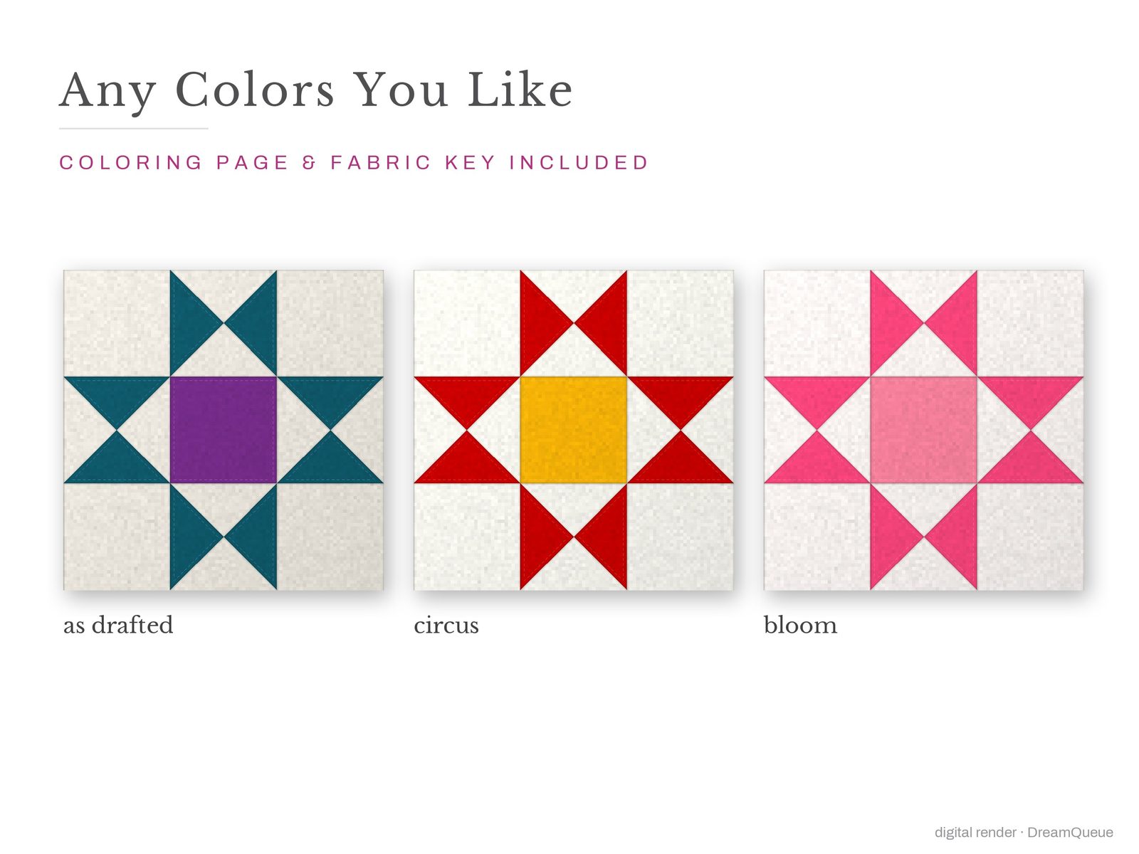 The Ohio Star quilt block in three colorways, as drafted, pastel and jewel tones; a coloring page and fabric key are included