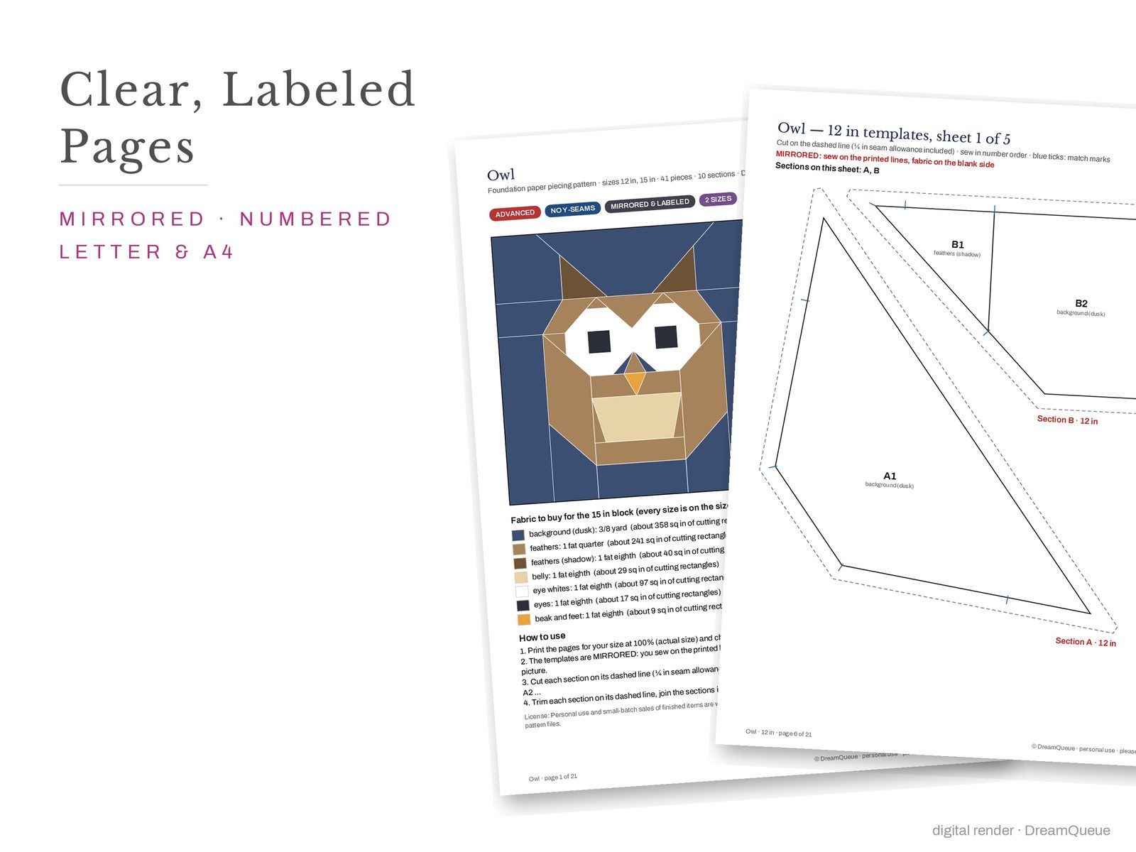 Owl: Cover page and a mirrored, numbered template sheet from the Owl quilt block FPP pattern