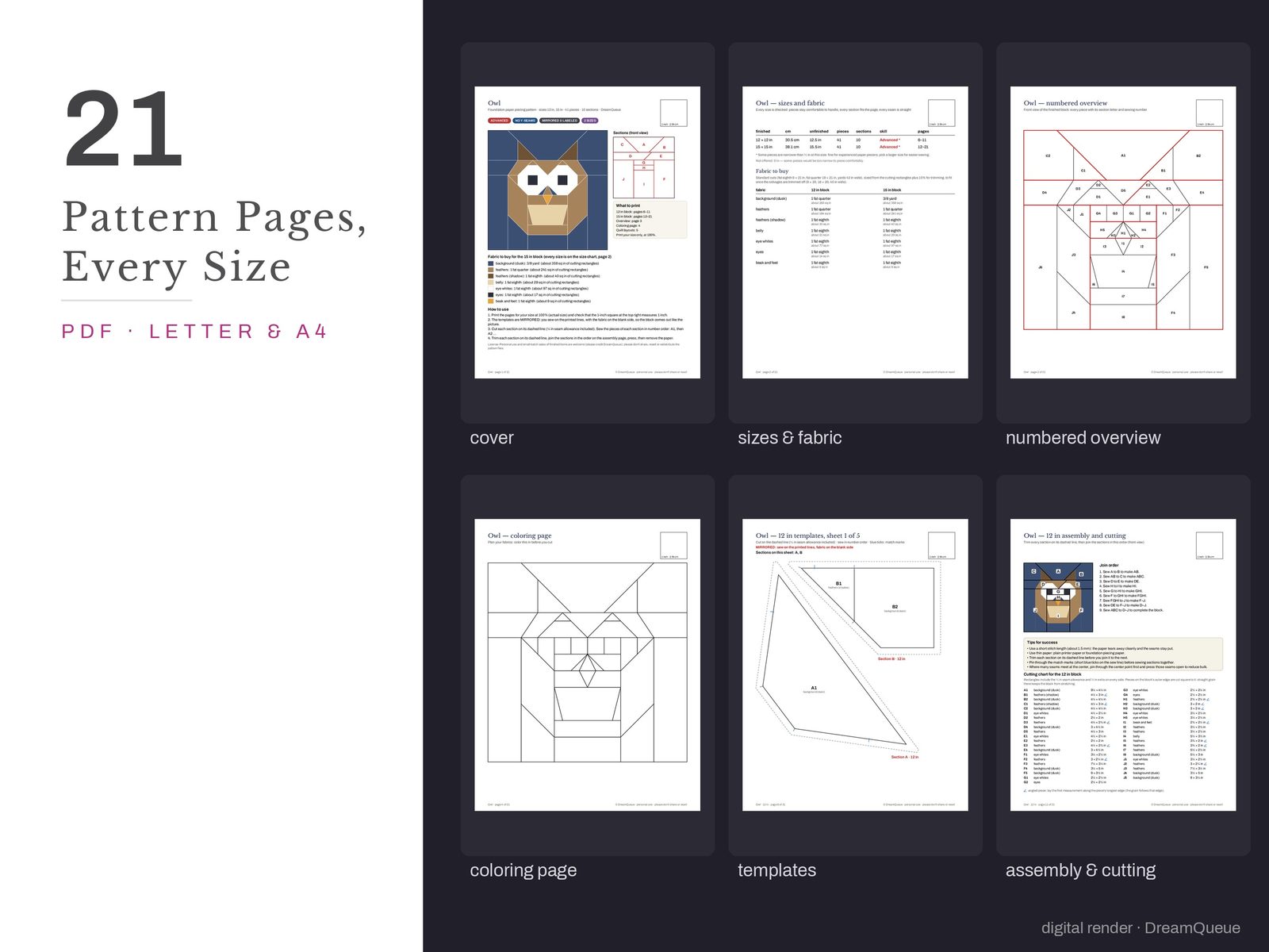 Owl: Thumbnails of the Owl quilt block pattern pages: cover, size and fabric chart, numbered overview, coloring page, templates, assembly and cutting chart