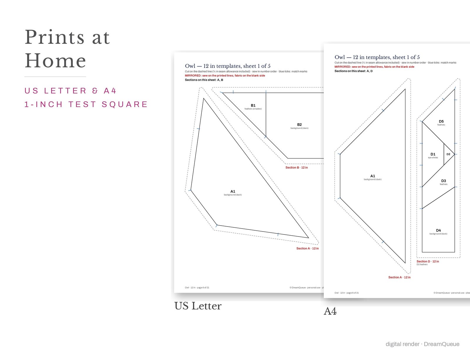 Owl: Owl quilt block templates printed on US Letter and A4 paper with a 1-inch test square to check the print scale