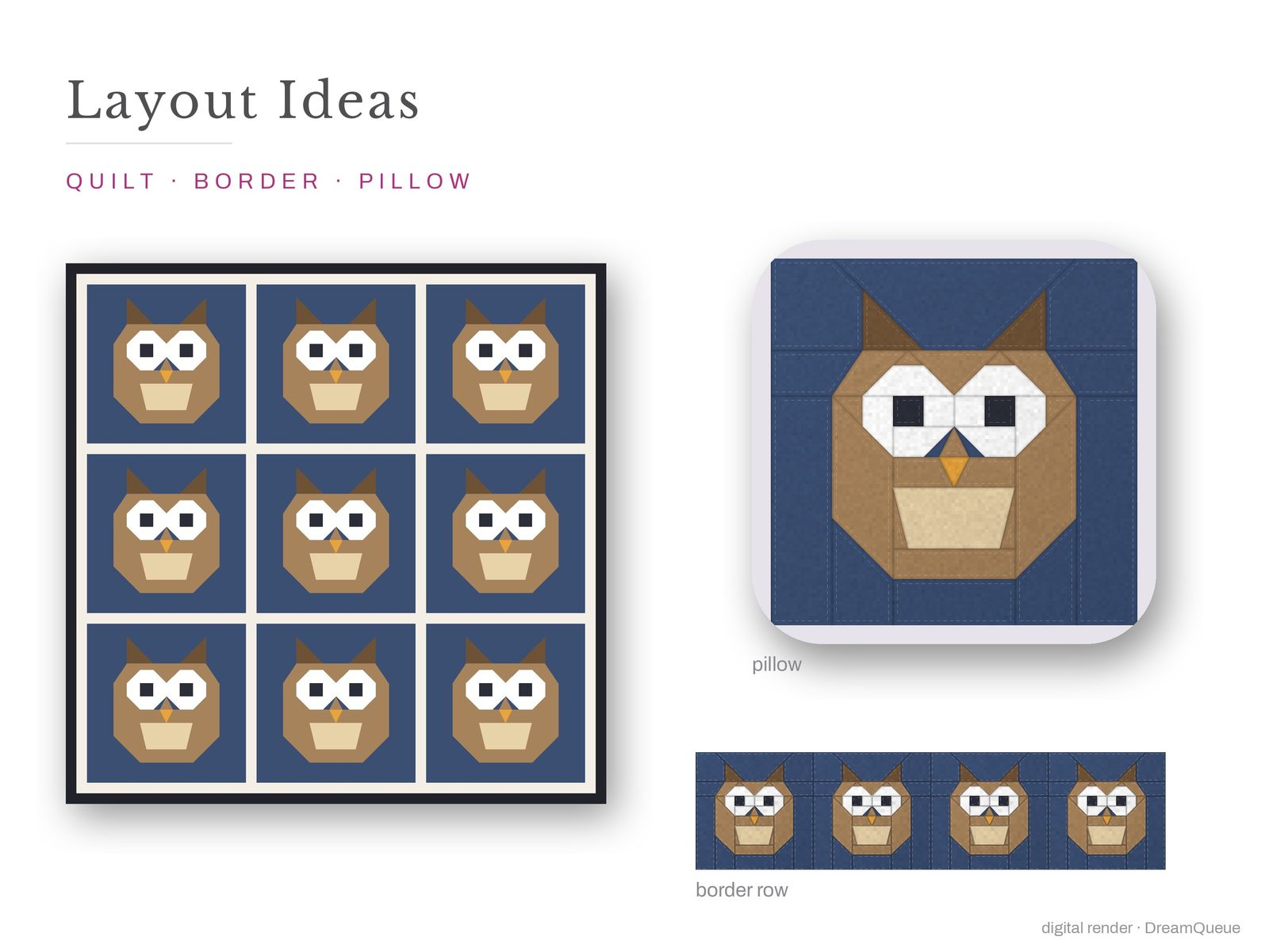 Owl: Layout ideas for the Owl quilt block: a full quilt, a border row and a pillow
