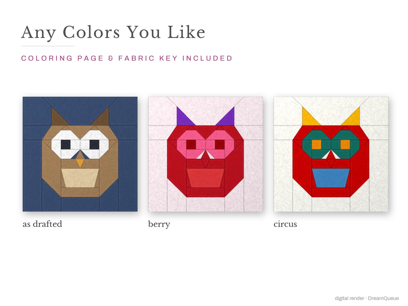 Owl: The Owl quilt block in three colorways, as drafted, pastel and jewel tones; a coloring page and fabric key are included