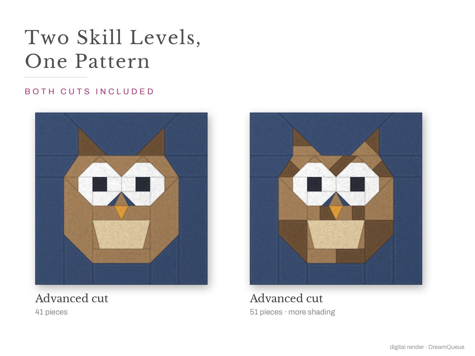 Owl: Skill level advanced: no Y-seams, mirrored and labeled templates, every size checked, pieces numbered in sewing order, cutting chart and fabric to buy