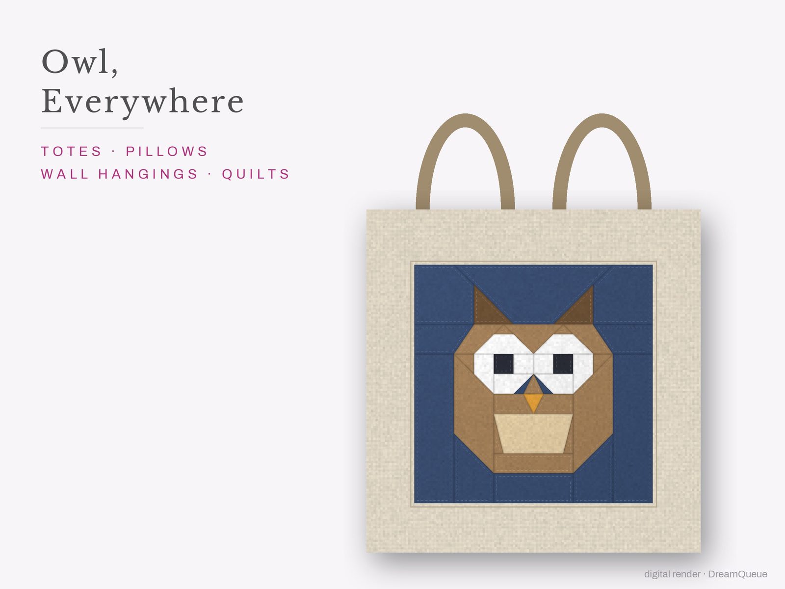 Owl: The Owl quilt block sewn into a tote bag, one idea for totes, pillows, wall hangings and quilts