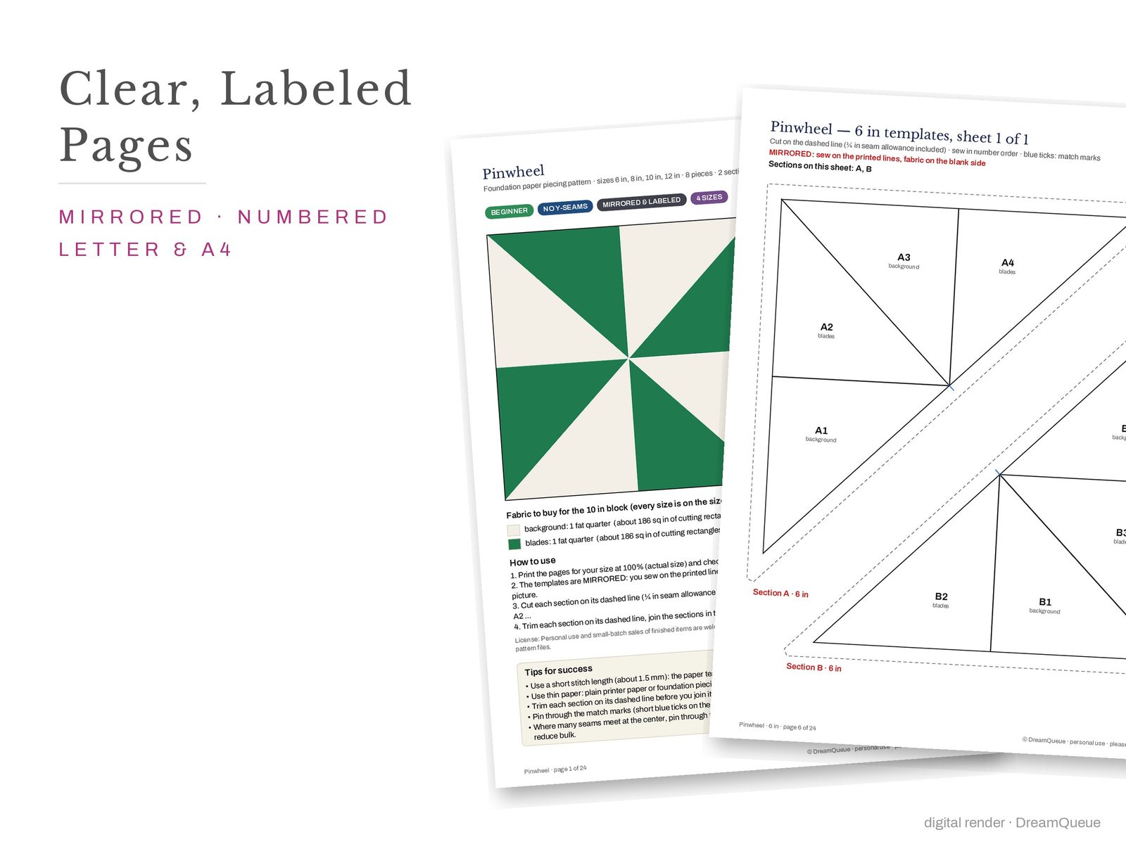 Cover page and a mirrored, numbered template sheet from the Pinwheel quilt block FPP pattern