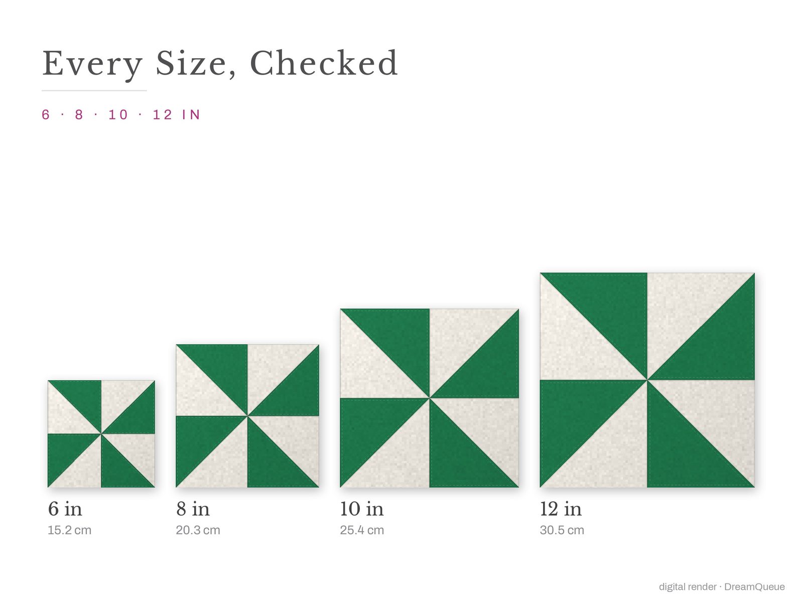 The Pinwheel quilt block at every finished size: 6, 8, 10 and 12 inch