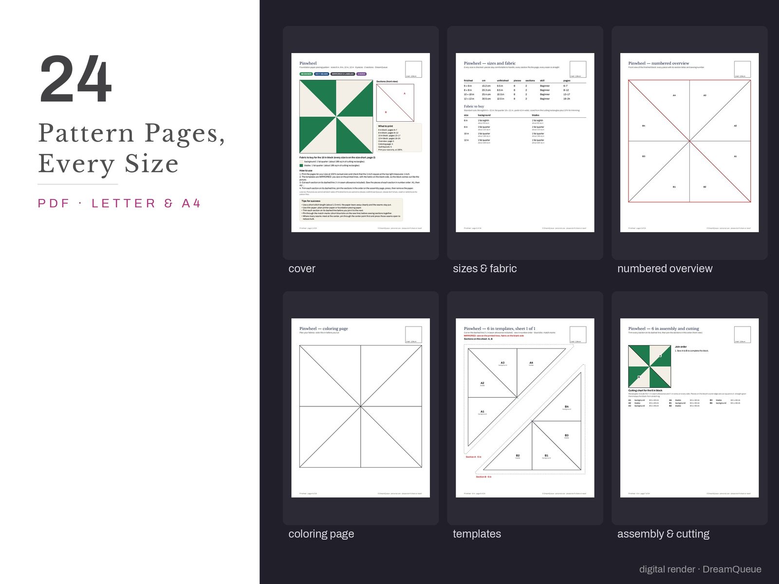 Thumbnails of the Pinwheel quilt block pattern pages: cover, size and fabric chart, numbered overview, coloring page, templates, assembly and cutting chart