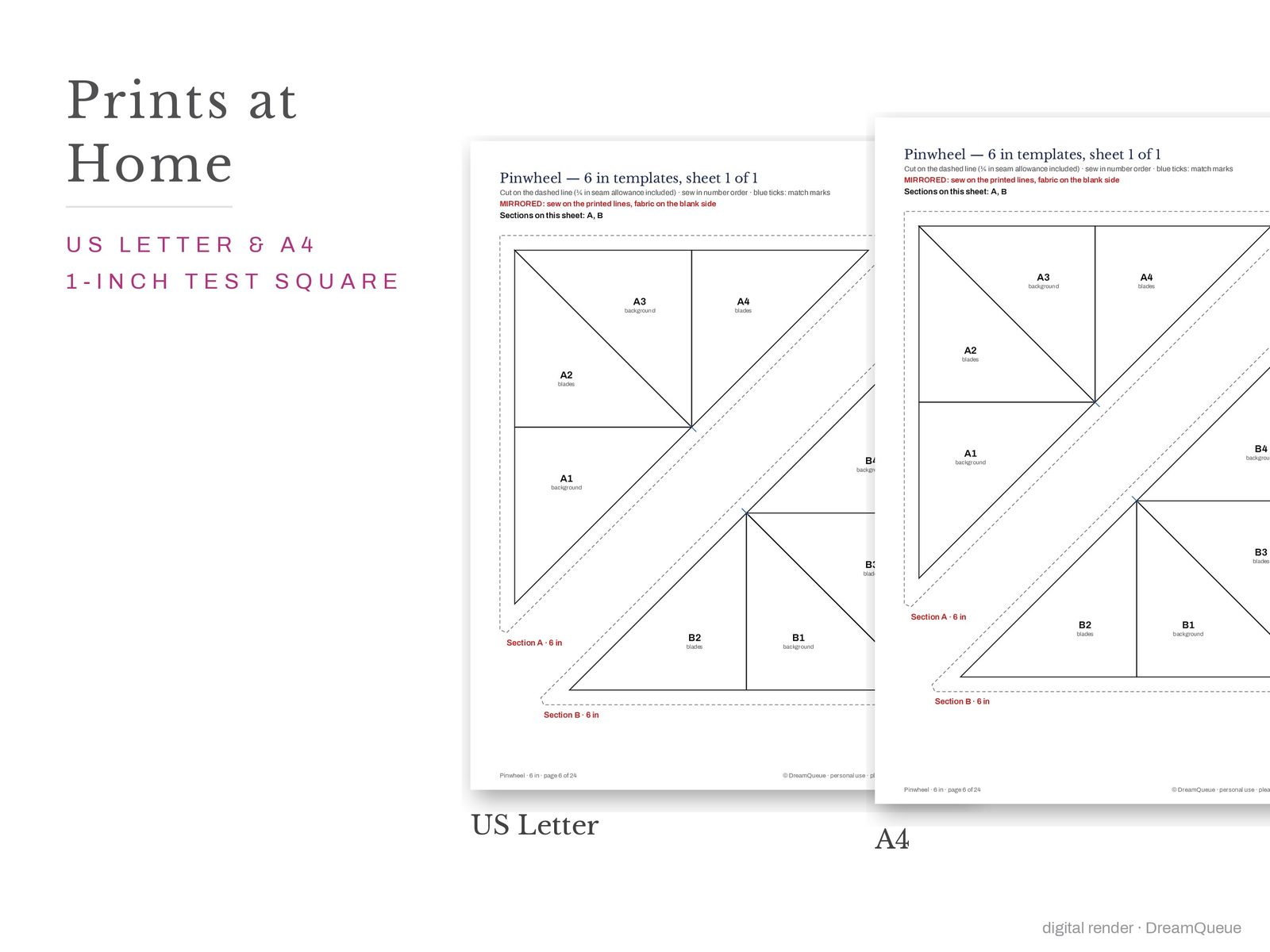 Pinwheel quilt block templates printed on US Letter and A4 paper with a 1-inch test square to check the print scale