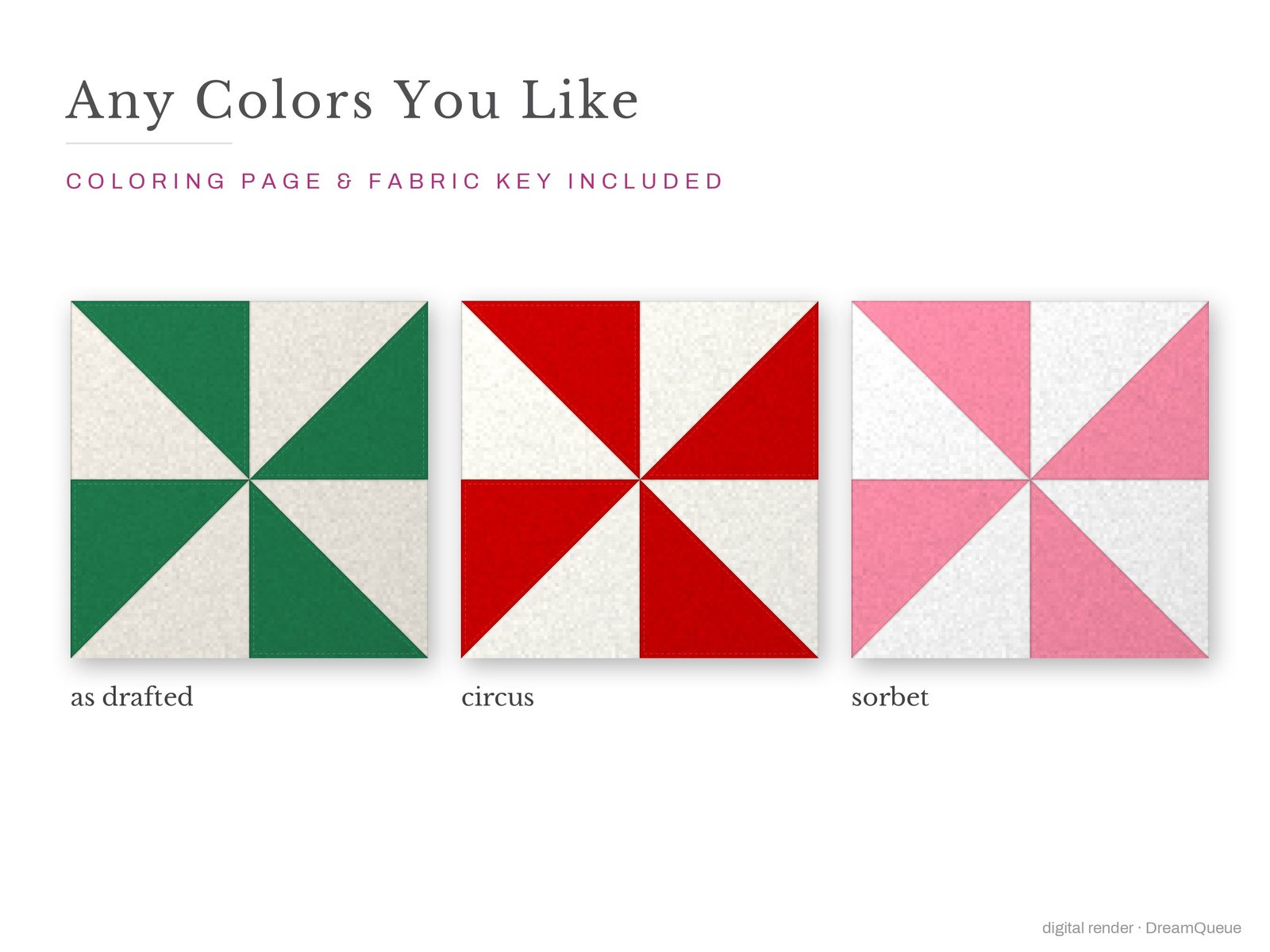The Pinwheel quilt block in three colorways, as drafted, pastel and jewel tones; a coloring page and fabric key are included