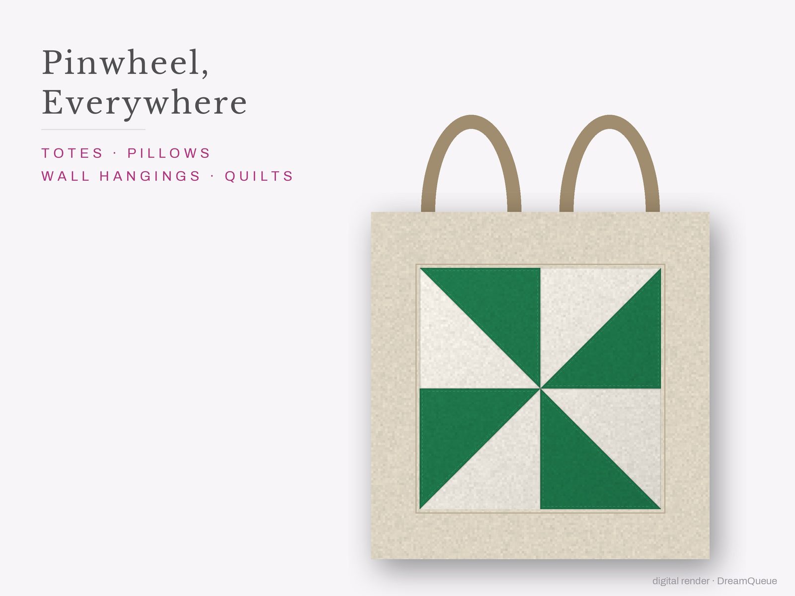 The Pinwheel quilt block sewn into a tote bag, one idea for totes, pillows, wall hangings and quilts