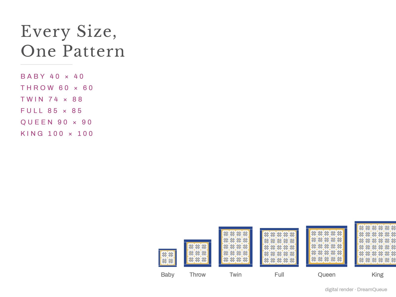 The Pinwheel Star quilt in every size, baby to king, drawn to scale